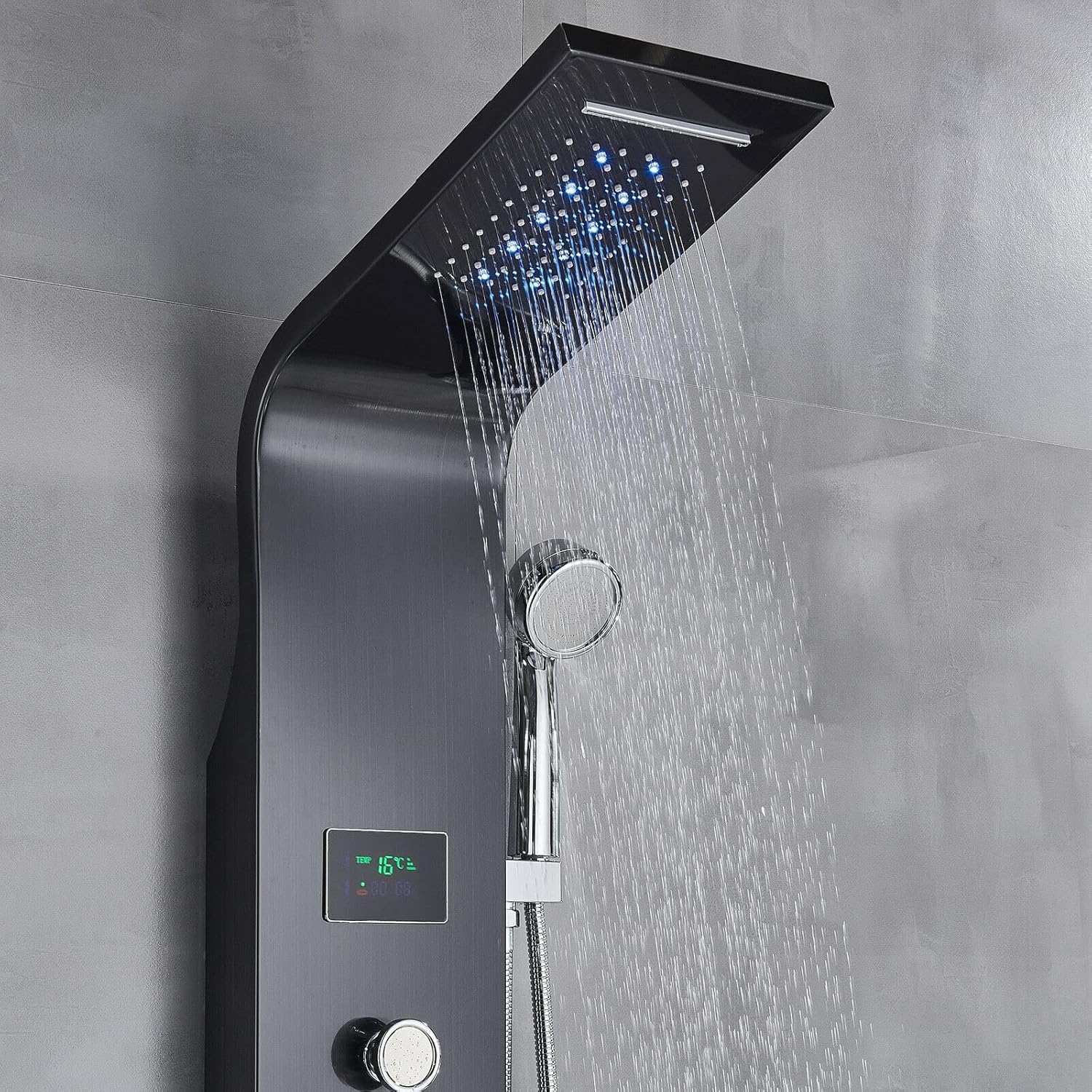 LED Shower Panel Rainproof and Waterfall Tower Massage System Stainless Steel