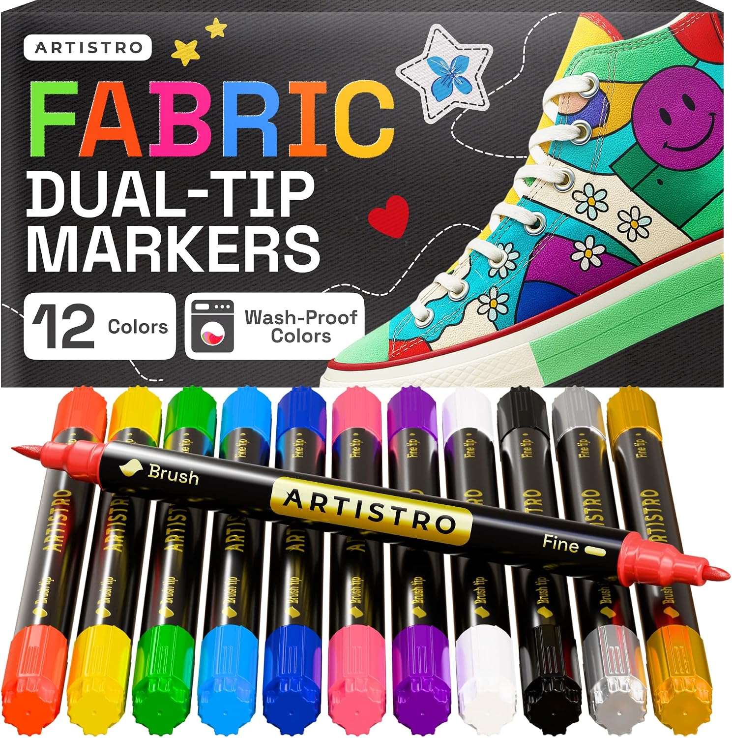 ARTISTRO 12 Dual-Tip Fabric Markers Decorating Kit, Permanent for Clothes
