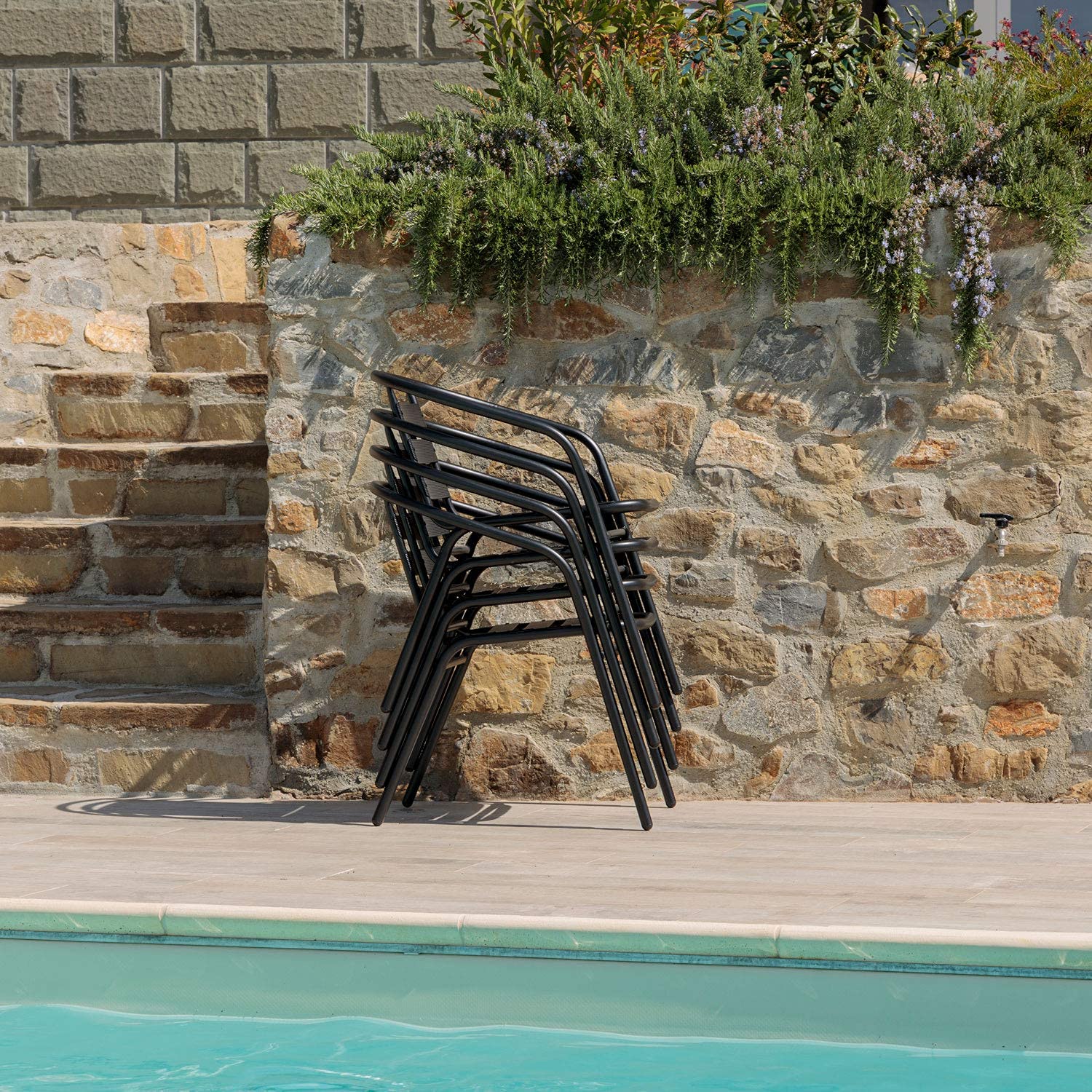 Baroni Home Set Sedie da Giardino, Sedie da Esterno per Giardino, Terrazza, Balcone, Veranda, Piscina, in Metallo, Sedie Impilabili, Colore Nero, 2 Pezzi 56x55x75 cm