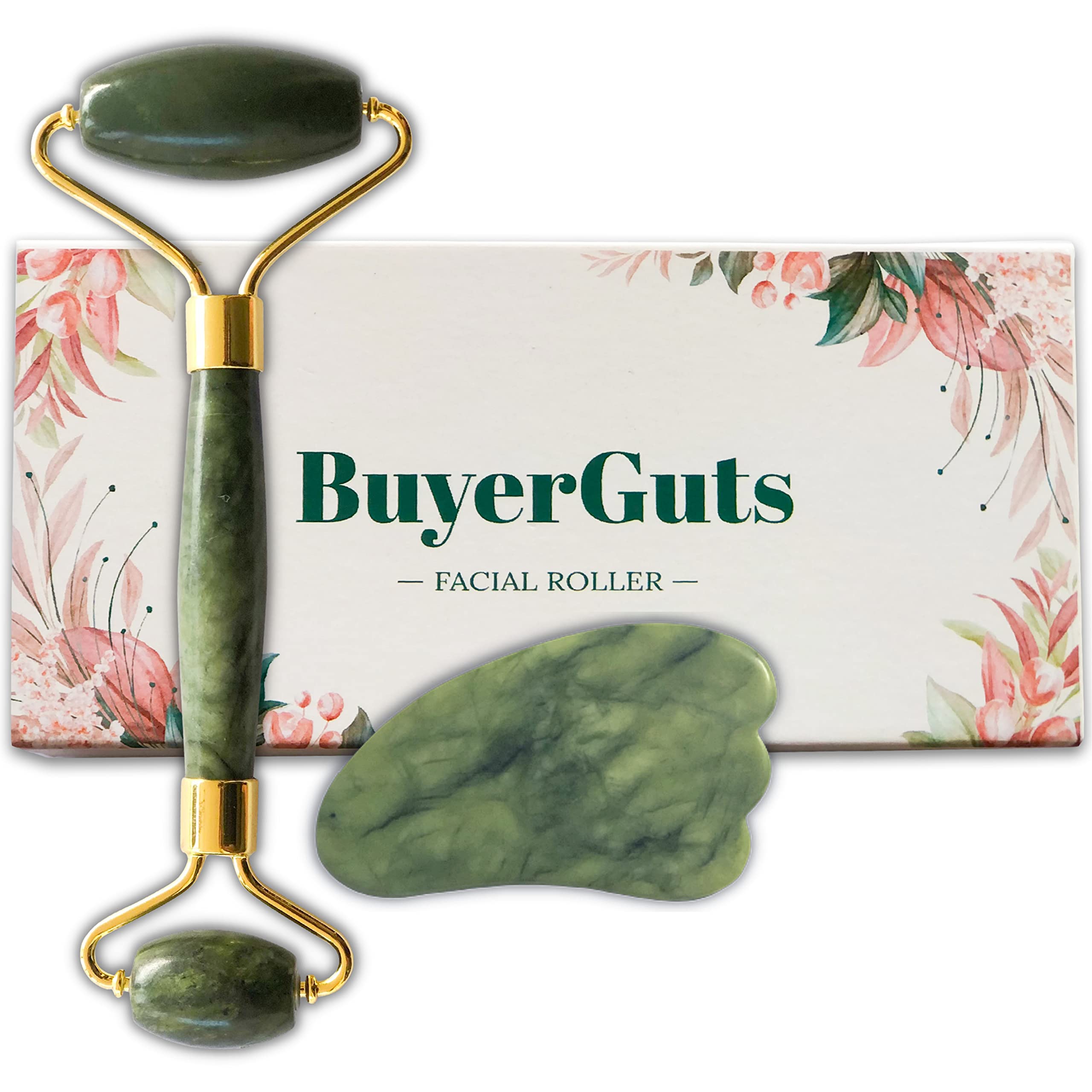 BuyerGuts Manual Jade Roller and Gua Sha Set for Face Massager | 100% Himalayan Jade Stone (Green Set)