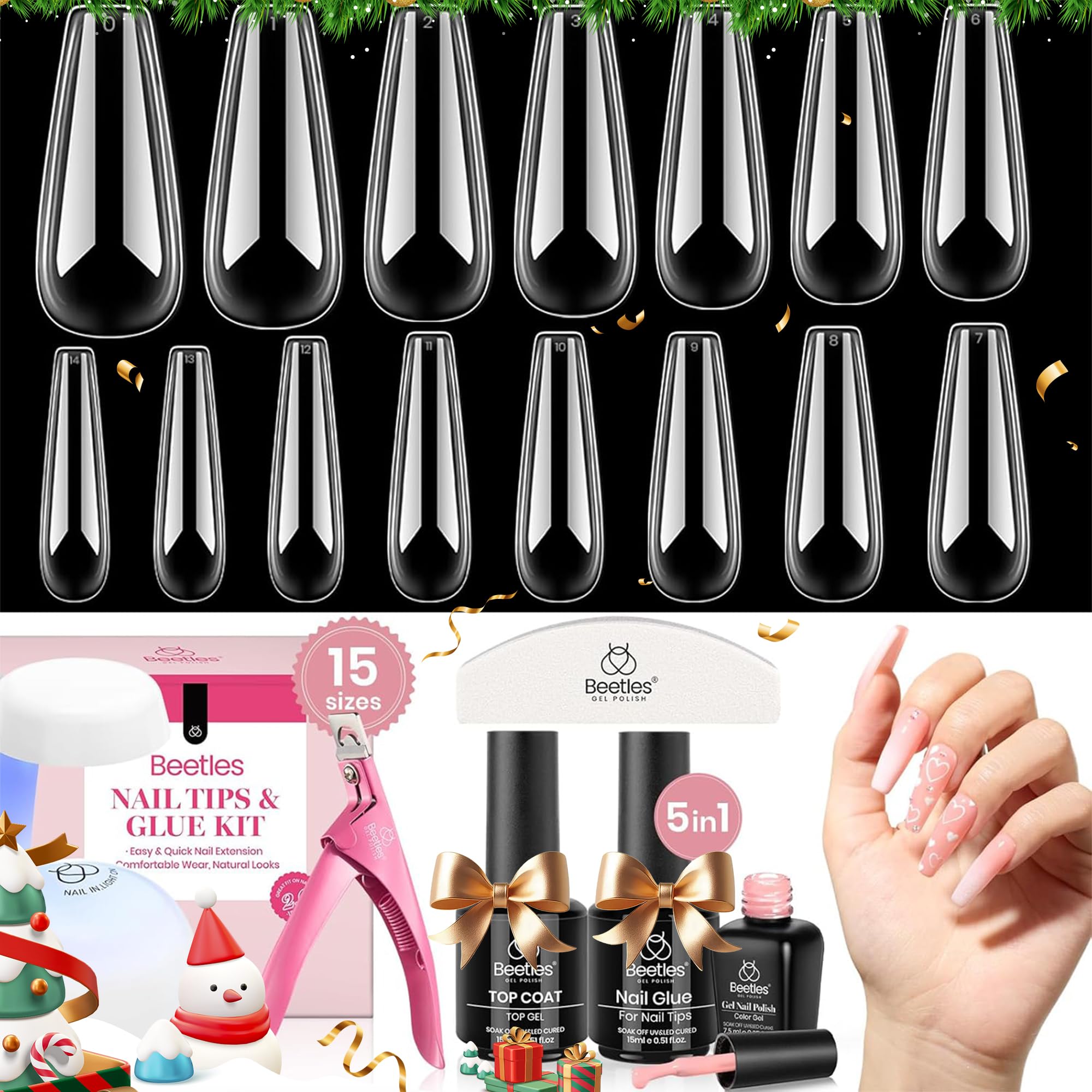 Beetles Gel Nail Kit 600Pcs Long Coffin Nail Tips with Pink Gel Polish Top Coat,15 Sizes Soft Clear Press on Nails 5 In 1 Nail Glue Uv Lamp Easy Nail Extension Set for Women