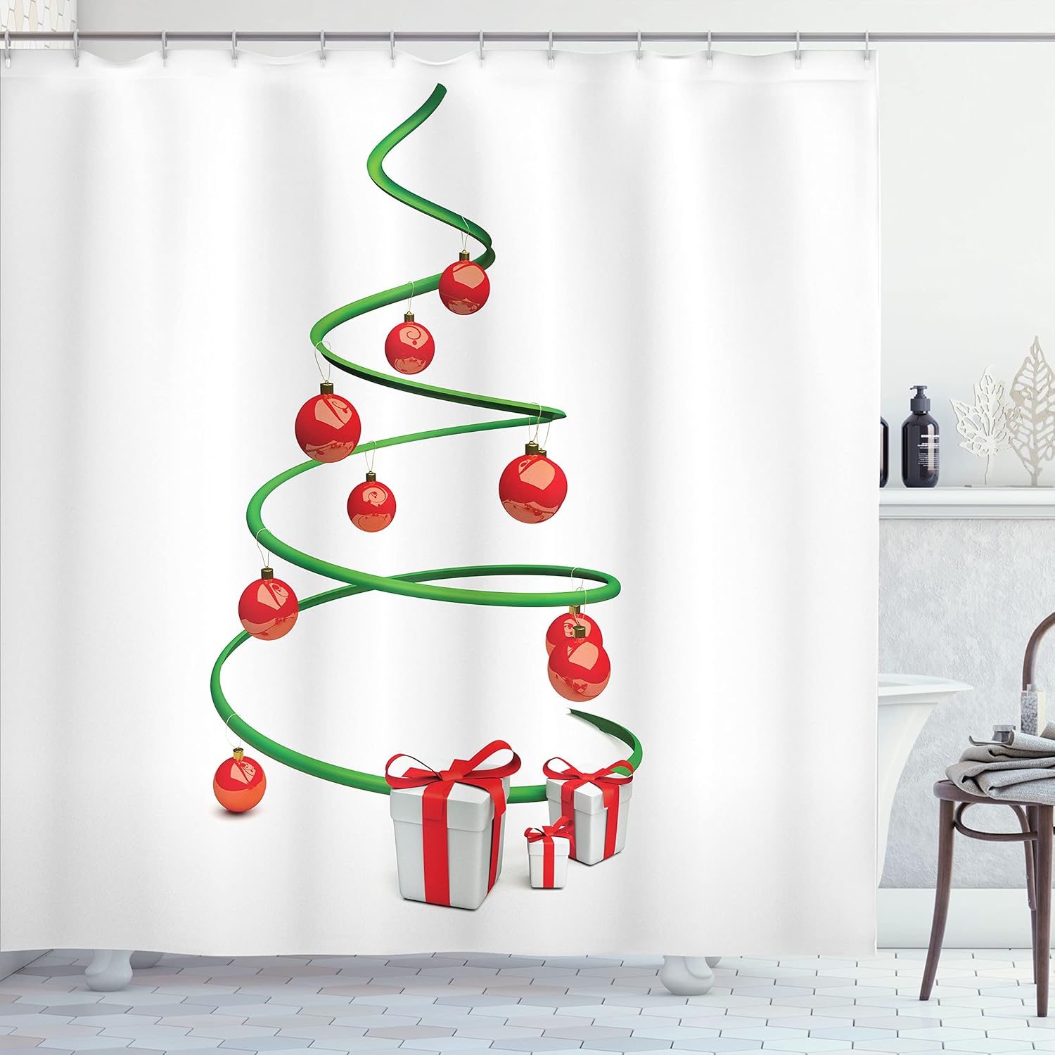 Ambesonne Christmas Shower Curtain, Abstract Xmas Tree Design Baubles and Ribbon Boxes December Ornaments Modern, Cloth Fabric Bathroom Decor Set with Hooks, 69" W x 70" L, Green Red White