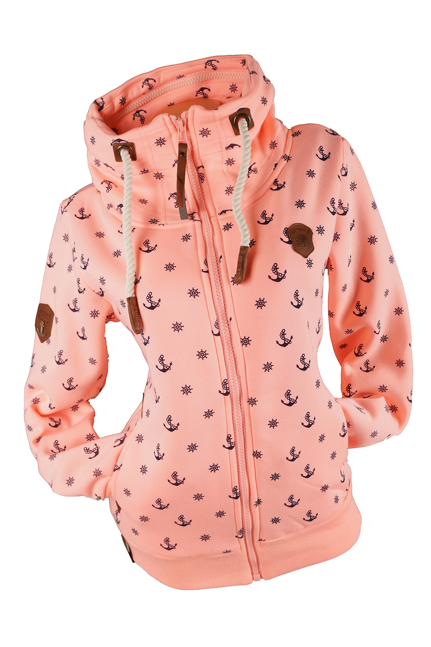 VIN TE Damen Sweat Jacke ohne Kapuze mit Stehkragen Fleece Übergangsjacke Anker Motiv oder Unifarben M L XL 2XL 3XL
