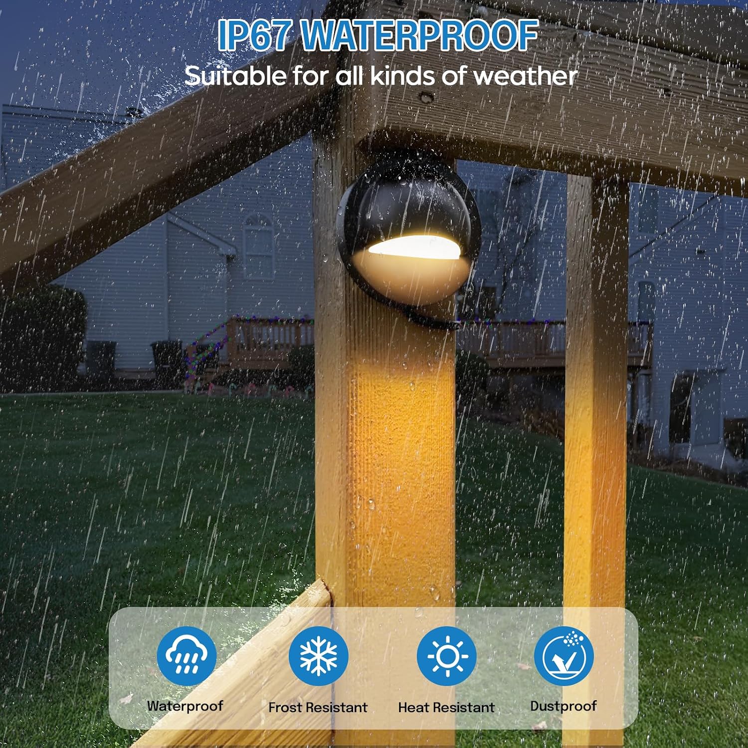 HIBOITEC LED Deck Lights showing IP67 waterproof feature in rain