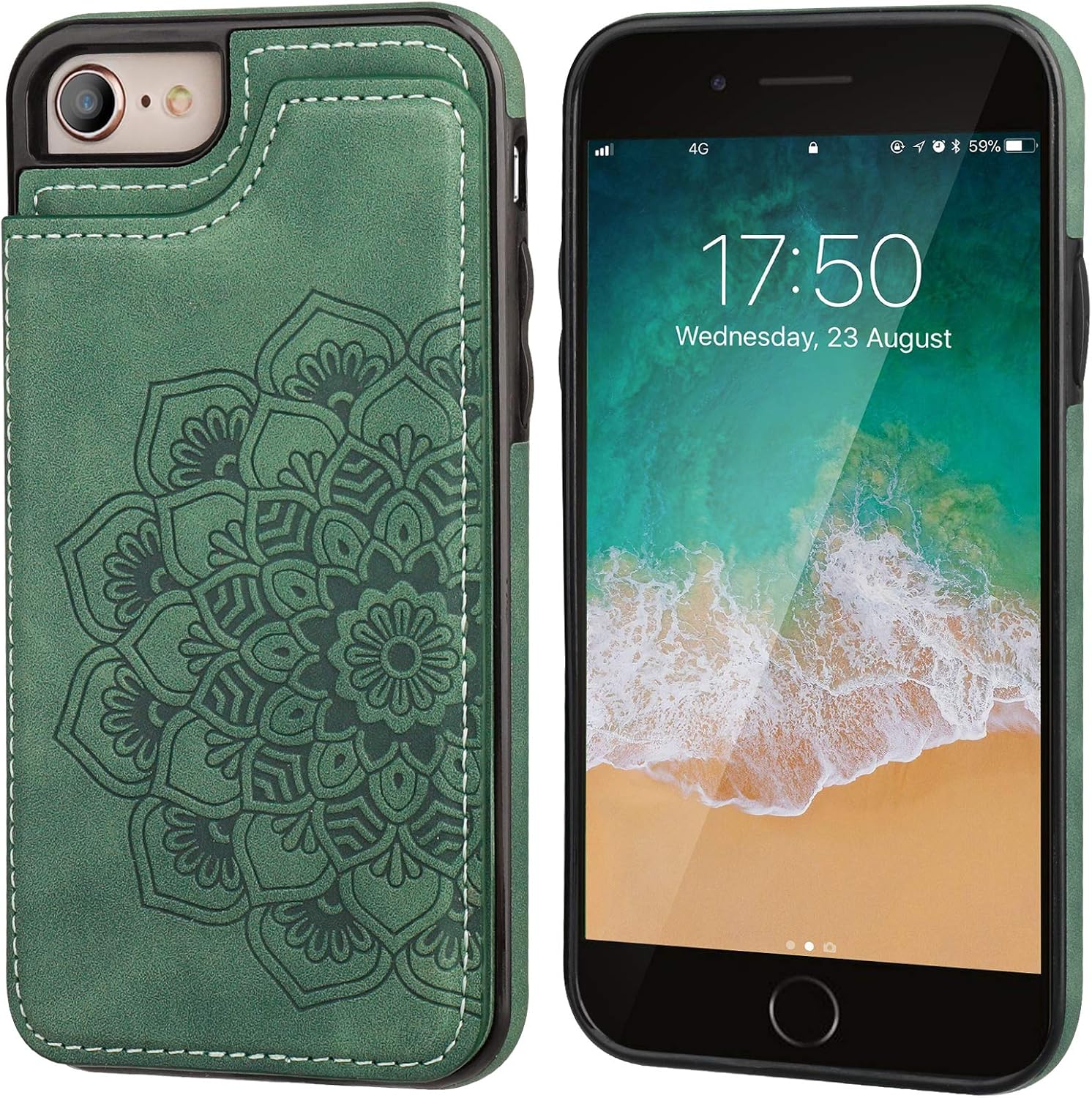 Vaburs Wallet Case for iPhone SE(2022)/SE(2020)/8/7 with Card Holder, Embossed Mandala Pattern Flower Premium PU Leather Double Magnetic Buttons Flip Shockproof Protective Case 4.7 inch (Green)