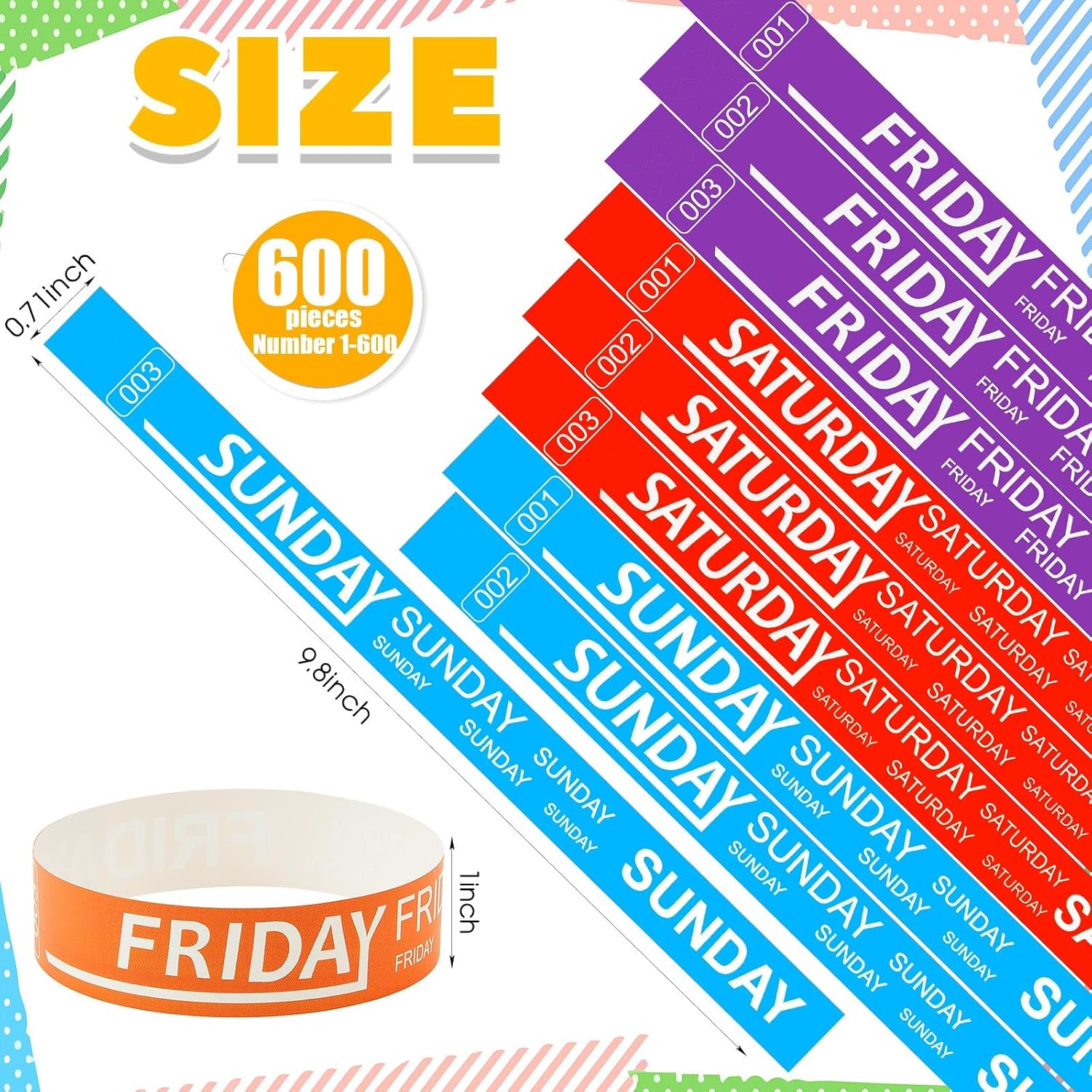 Henoyso 1800 Pcs Paper Wristbands Event Wristbands Numbered Waterproof Wrist Bands for Events Day of the Week Paper Bracelets for Adult, Friday, Saturday, Sunday(Purple, Red, Blue)