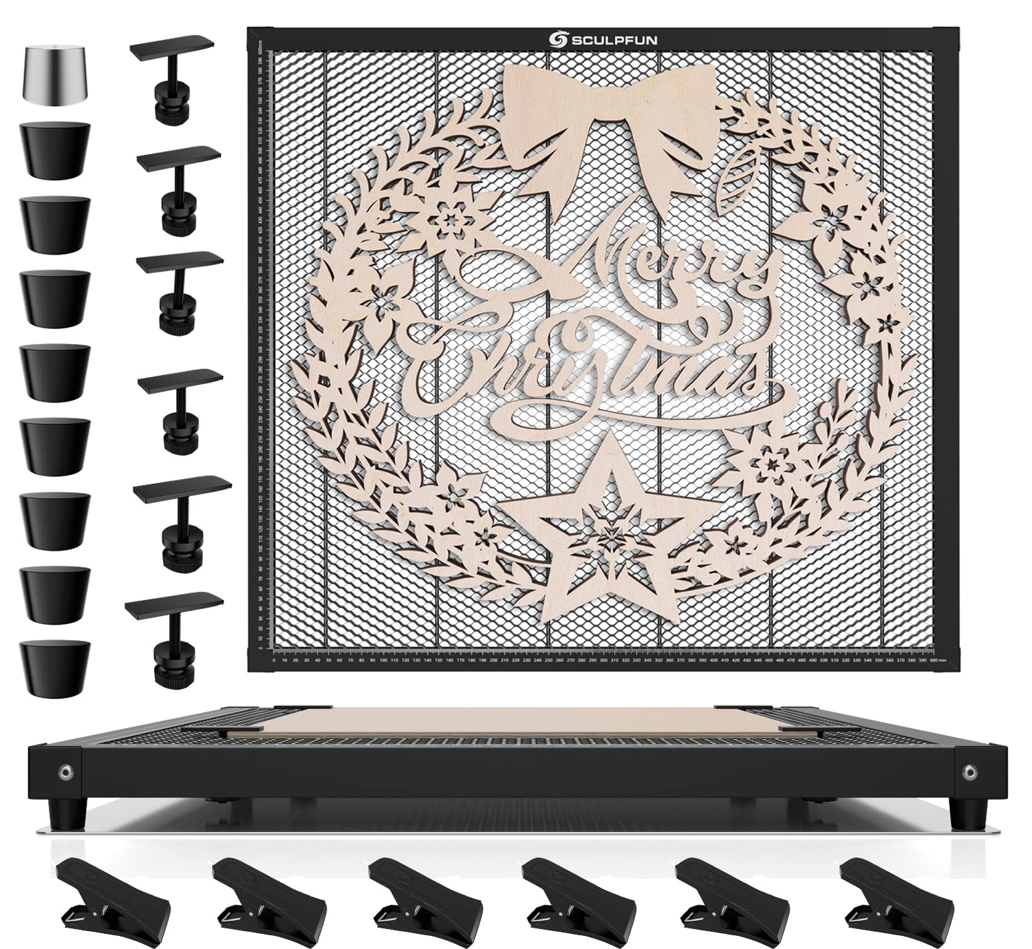 SCULPFUN Laser Honeycomb 600 X 600 mm, tavolo a nido d'ape laser per macchina per incisione laser e taglierina laser con 6 clip metalliche a forma di T + 6 graffette metalliche forti