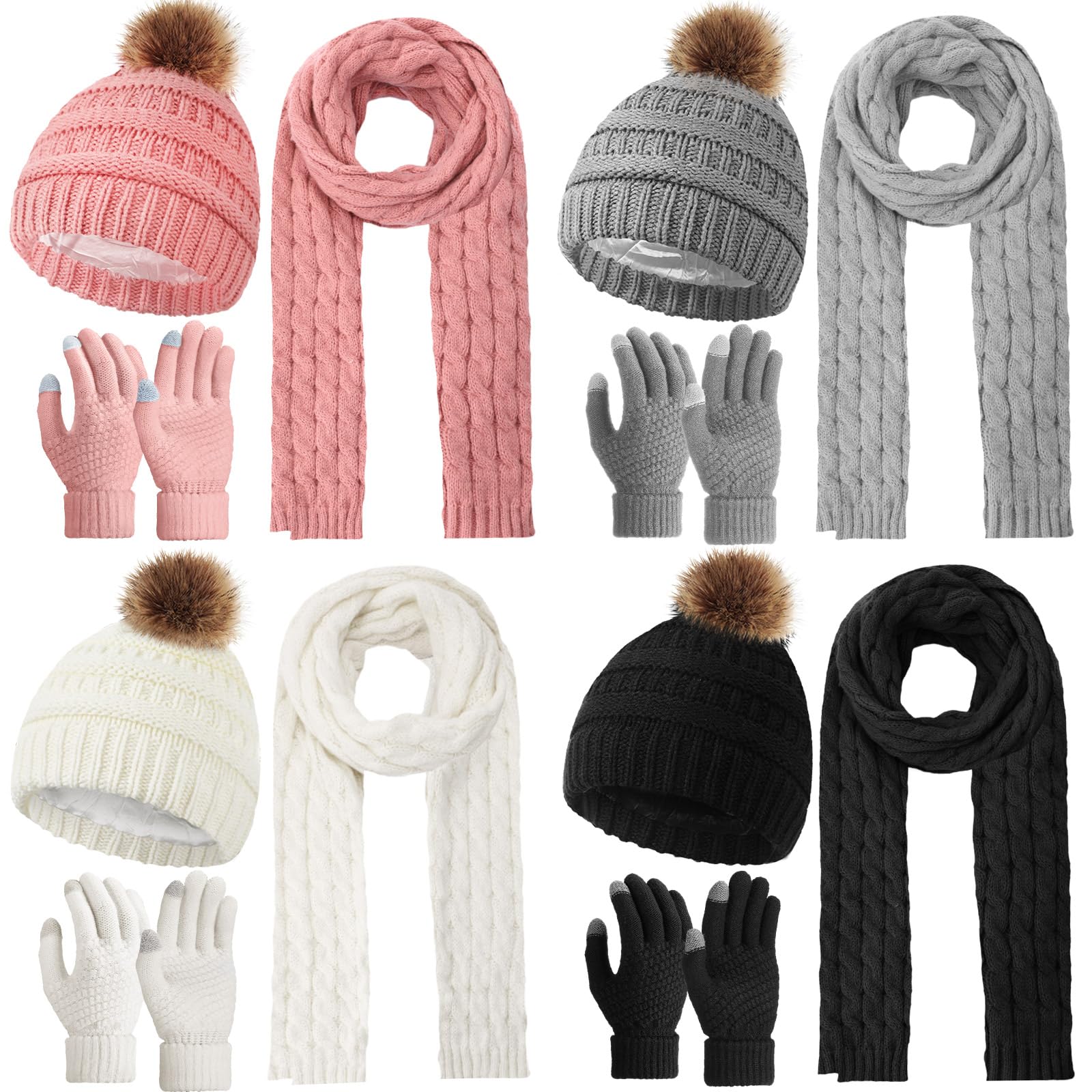 Neer12 Pcs Winter Hat Gloves Scarf Set Women, Knit Pom Beanie Hat Scarf Glove Set for Women Touchscreen Gloves Winter Long Scarf for Women Cold Weather