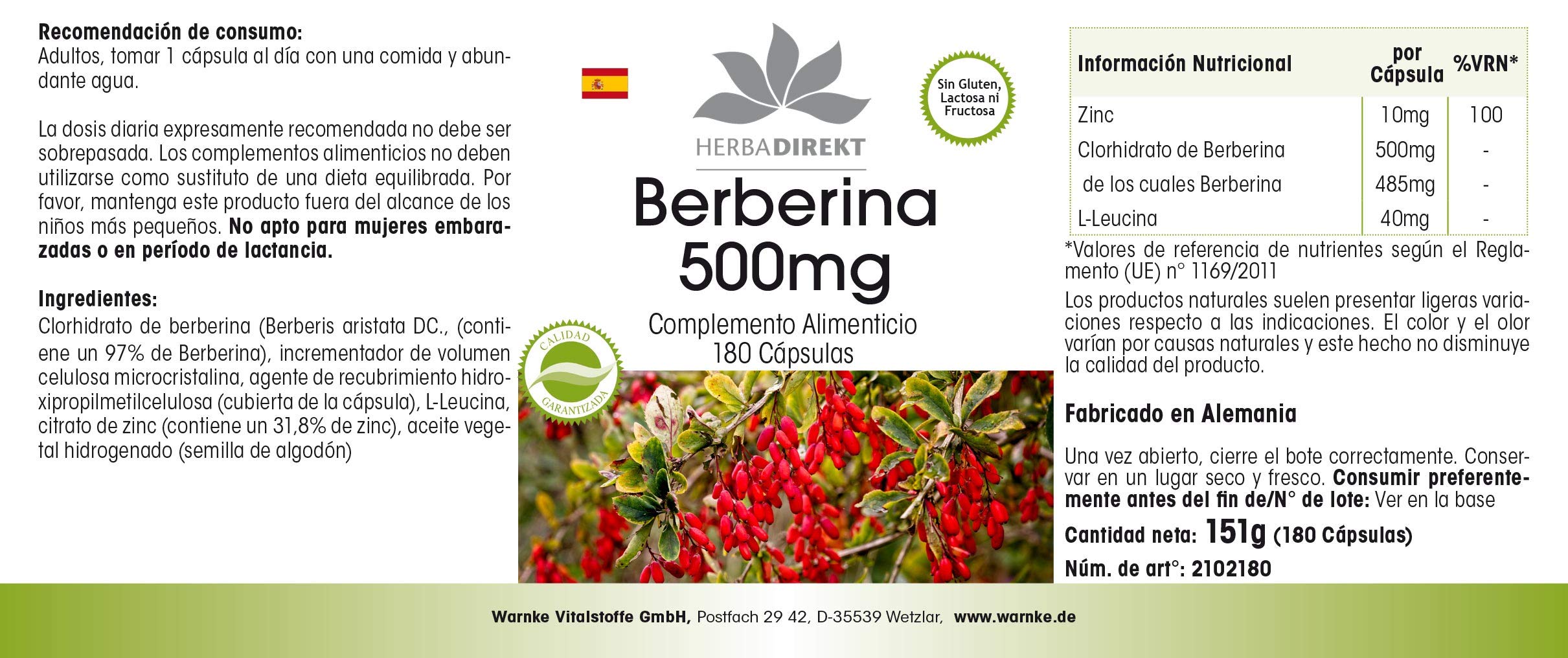 Berberina 500mg – altamente dosificada – Berberina HCL + Zinc – Vegana – 180 cápsulas | HERBADIREKT by Warnke Vitalstoffe - Calidad de farmacia alemana