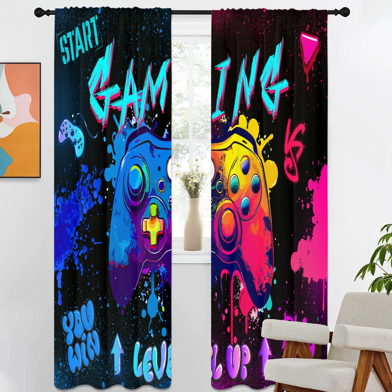 Gaming Curtains 42" W x 84" L Graffiti Gamepad for Gamer Boys Kids Teen Colorful Splashed Ink Cute Game Controller Playroom Living Room Bedroom Window Drapes Treatment Fabric 1 Pair