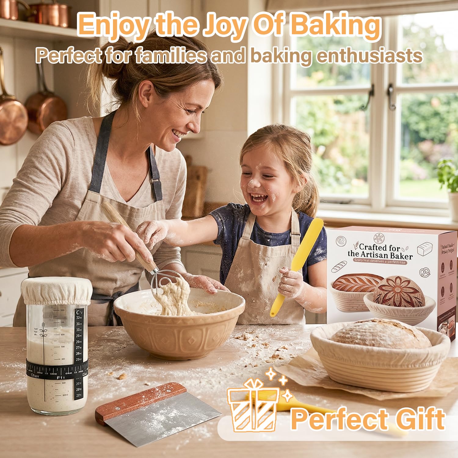 Banneton Pour Pain, Kit Boulangerie Levain, Corbeille a Pain en Rotin Naturel 23 cm Rond et 25 cm Ovale, Panier Fermentation Pain set pour les Débutants et Professionnels