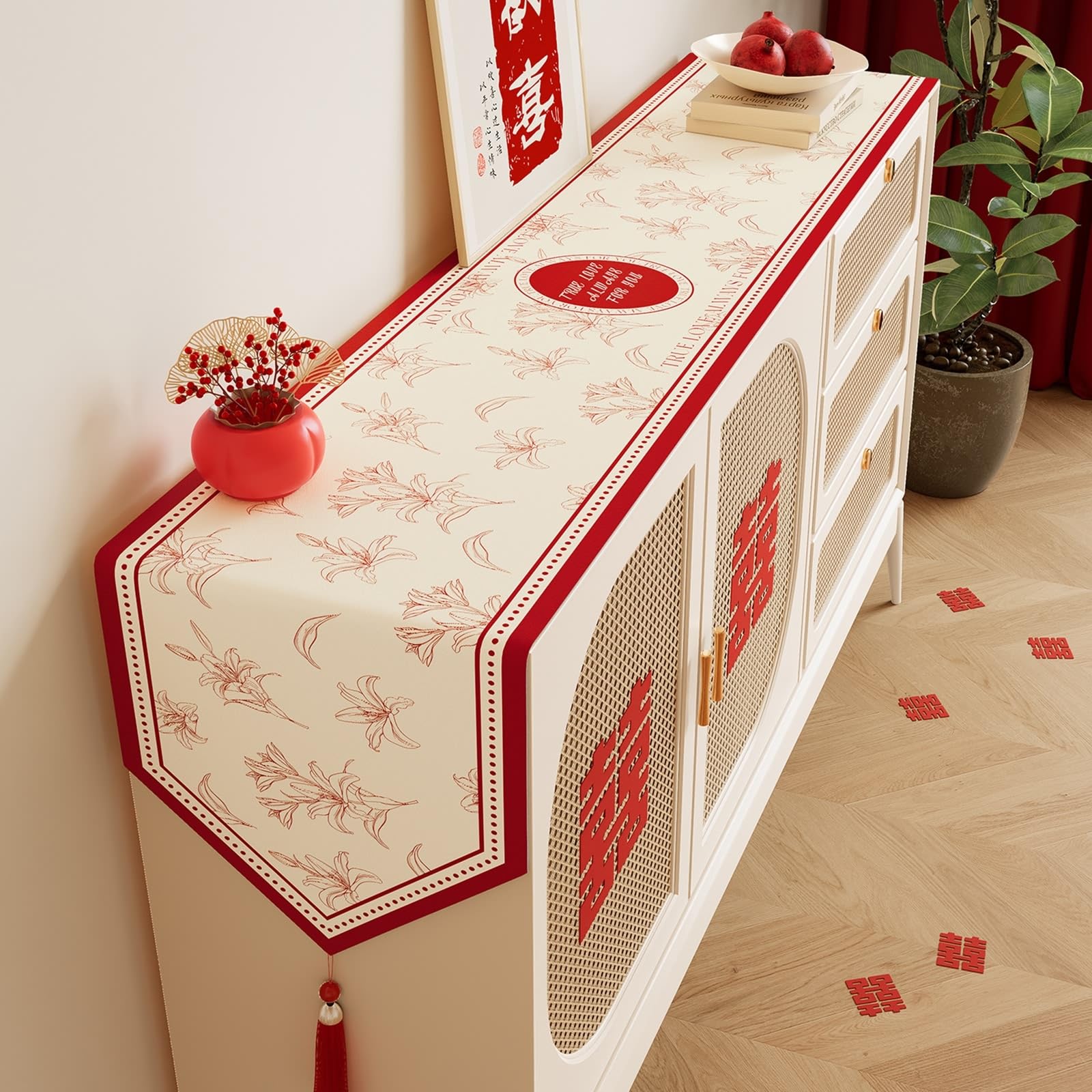 Chemin de table 30x240 cm motif fleurs et feuilles déco table mariage bohème lin