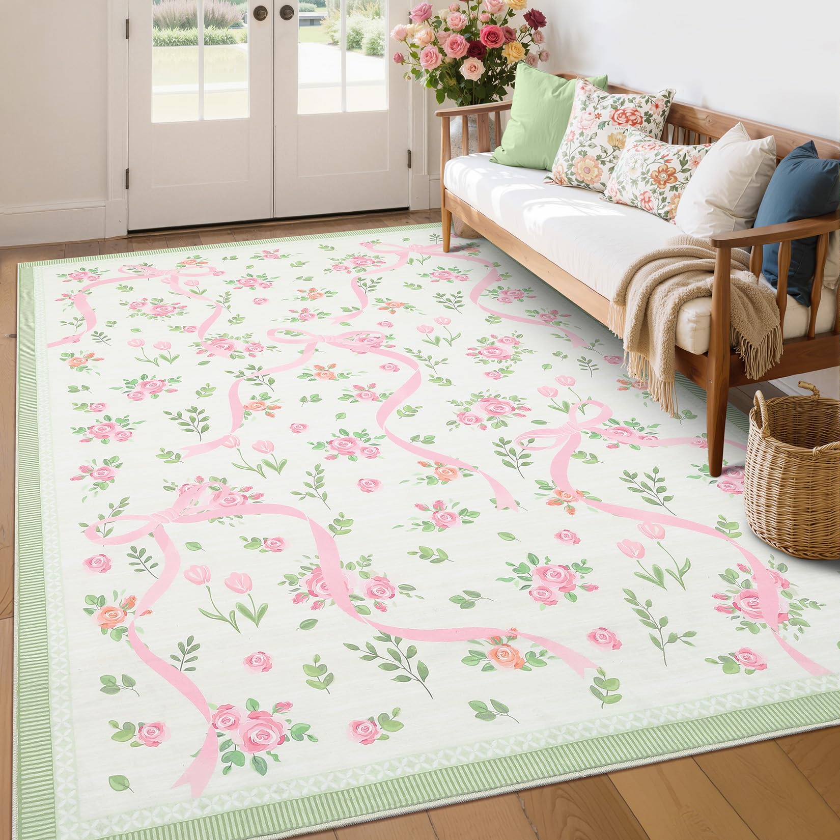 GarveeHome Coquette Pink and Green Rugs for Bedroom Girls, 6x9 Area Rugs for Living Room with Soft Low Pile, Non Slip Floral Bow Washable Rug 6x9 for