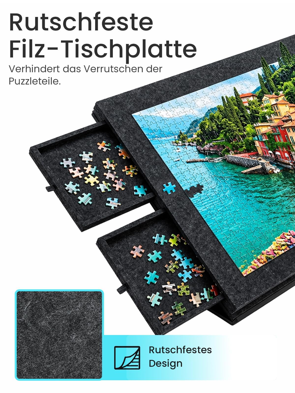 Puzzle-Aufbewahrungsbrett mit 6 Schubladen – Neigbare Puzzle-Platte aus Filz für bis zu 1000 Teile – 2-in-1 Puzzletisch mit Ständer & Abdeckung – Leicht & tragbar für Erwachsene & Kinder (Dark Grey)