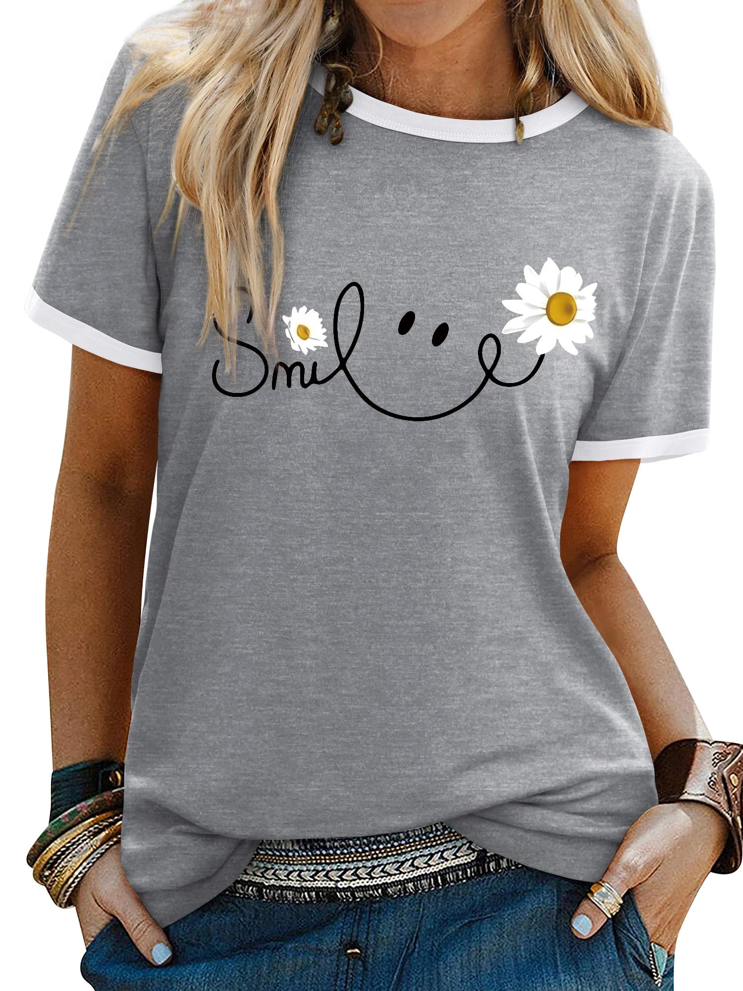 Yihelian Tshirts Frauen Rundhals Top Damen Daisy Print Kurzarm Tee Shirt Sommer Lächeln Brief Gedruckt Shirts