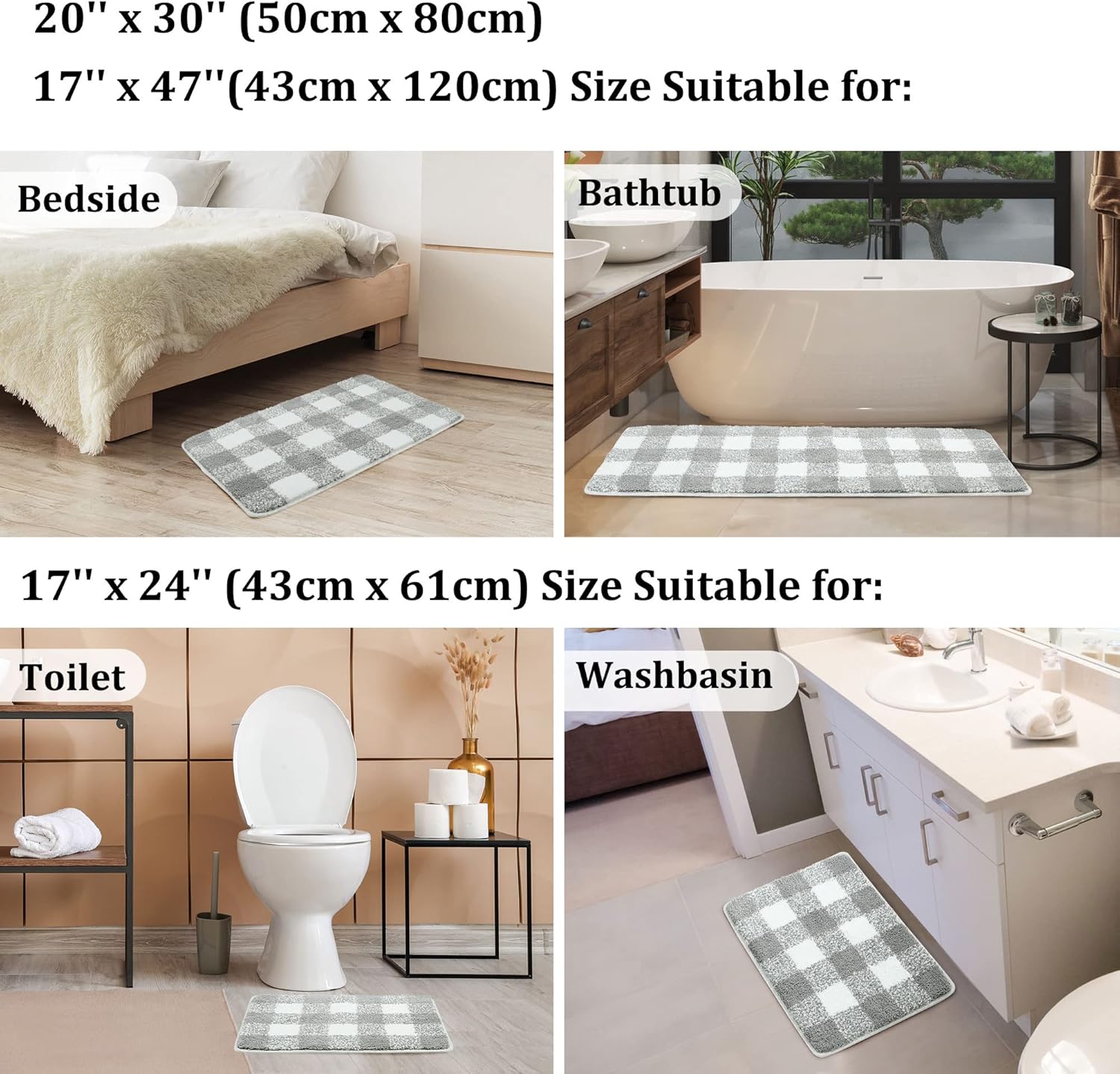 PiccoCasa Microfiber Plaid Pattern Bathroom Rugs, Extra Soft Fluffy Absorbent Bath Rug, Bath Mats for Bathroom Floor Tub Non Slip Mat Machine Washable Runner 17"x24" Gray and White