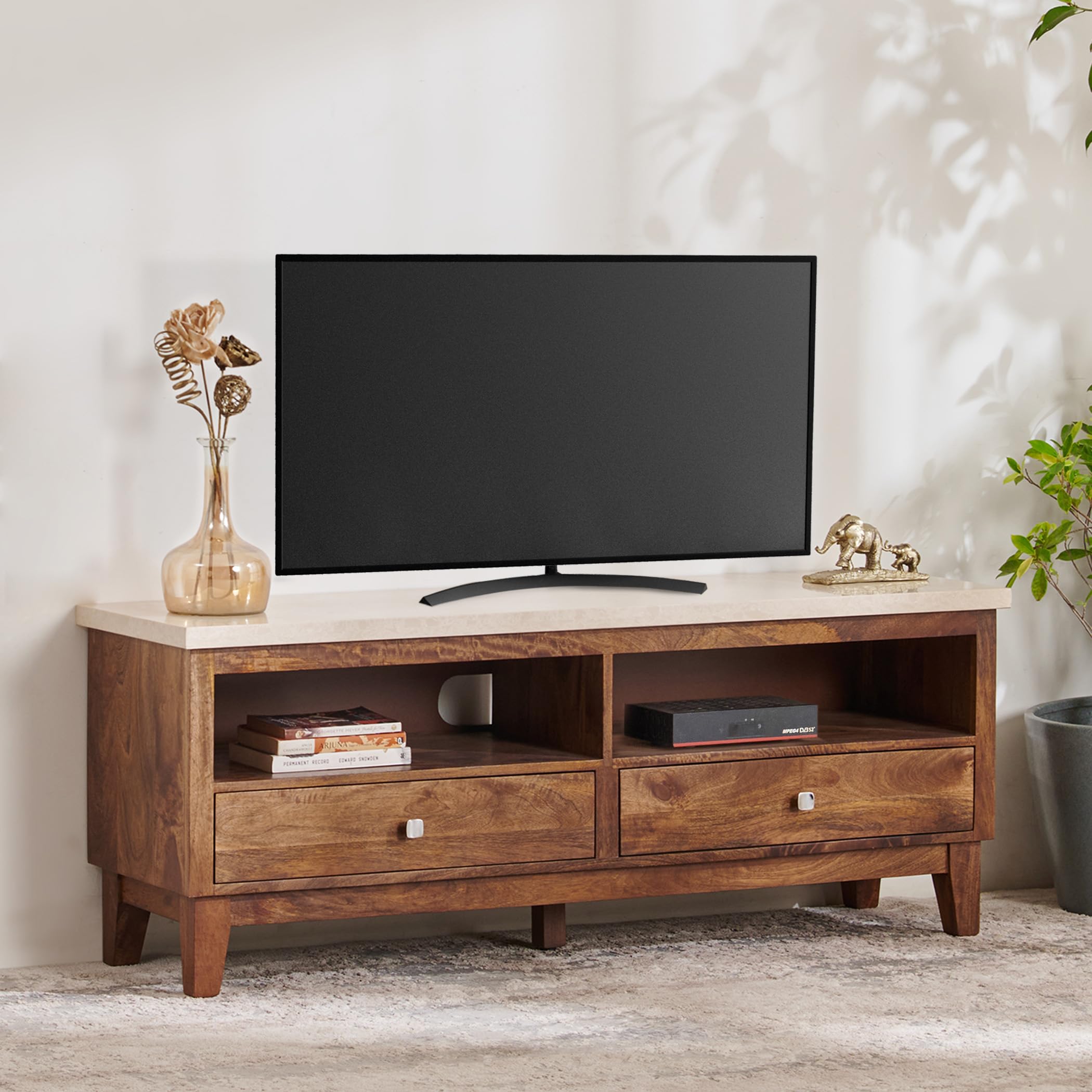 Home Centre Giza Faux Marble Top TV Unit - Beige and Brown-image-3