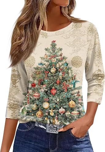 Christmas Tops for Women 2025 Plus Size 3/4 Length Sleeve Crewneck Tops Snowman Fall Ladies Casual Loose Print Blouse