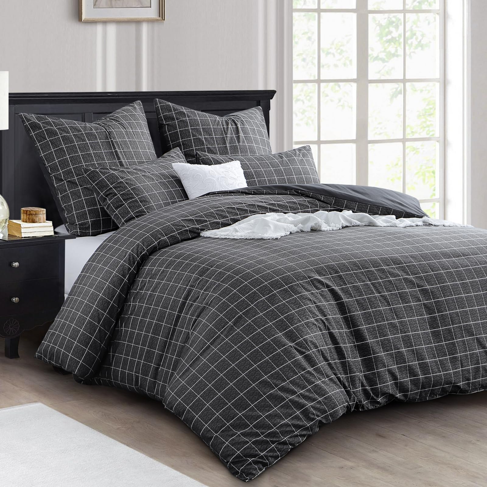 RUIKASI Komplet pościeli 200x200 3-częściowy Antracyt - poszwa na kołdrę 200 x 200 z wzorem kratki, komplet pościeli 200x200cm z mikrofibry z zamkiem błyskawicznym, miękki i nie wymaga prasowania