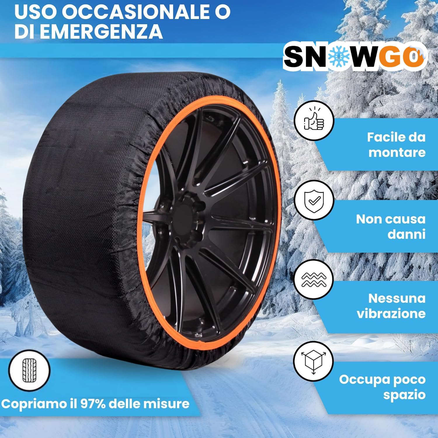 SNOWGO - Set di 2 calze da neve in tessuto - Taglie da M a XL - Omologate 16662-1 Europa - Compatibili con veicoli 4x4, veicoli elettrici, furgoni e veicoli commerciali <3,5T. (XL)