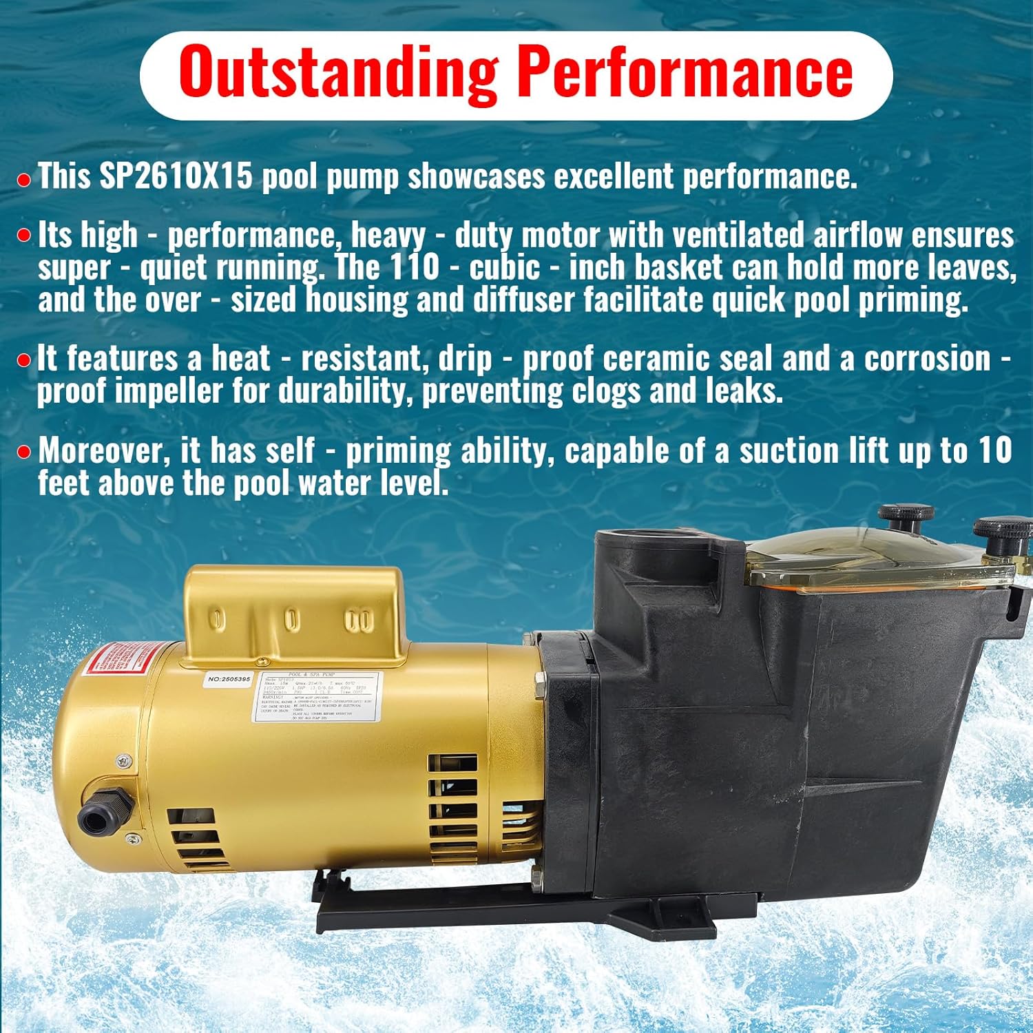 W3SP2610X15 Replacement Pool Pump Motor Single Speed 1.5 HP 115/230 V Inground Super Pool Pump Compatible with Hayward SP2610X15 High Efficiency Pump for In-Ground Pool and Spas
