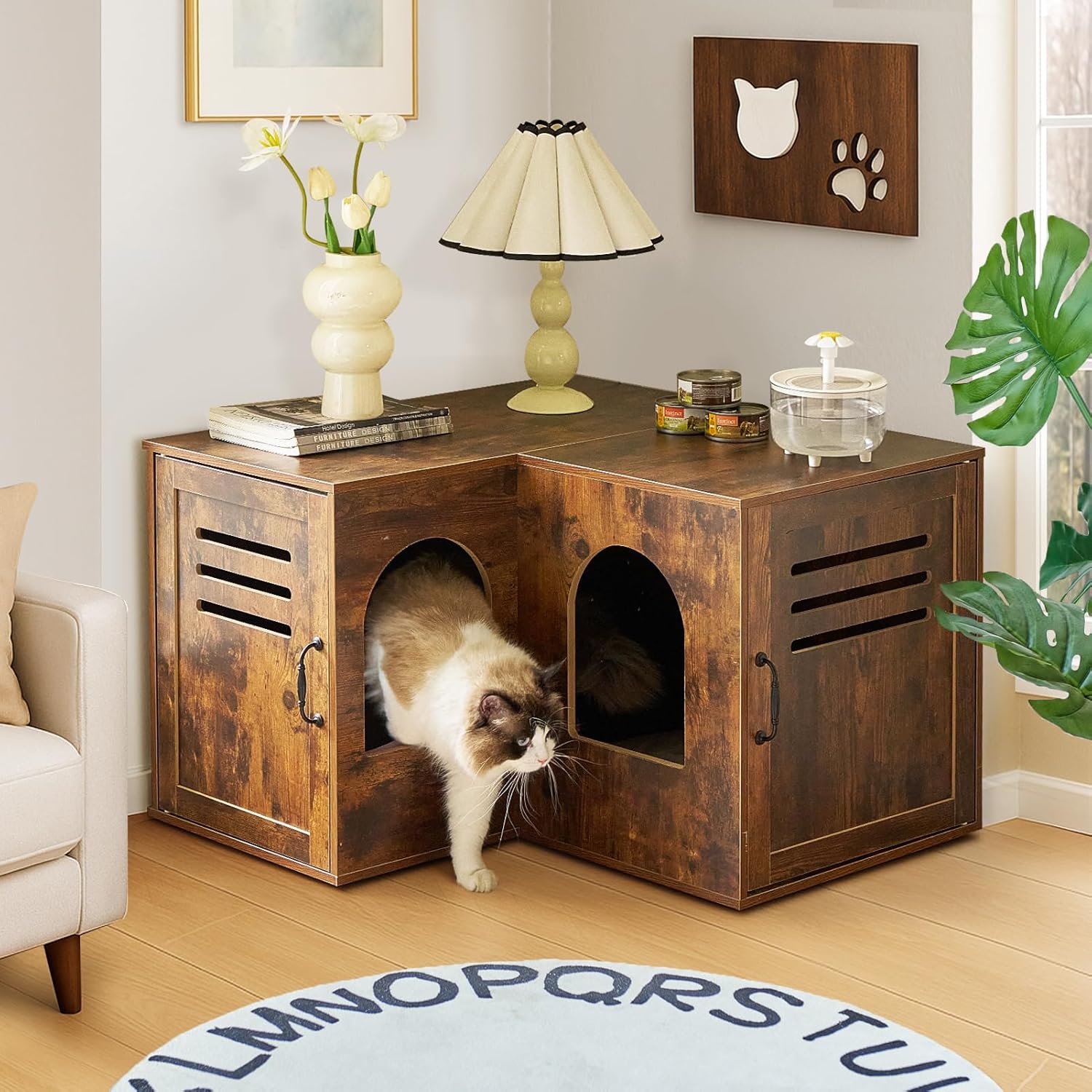 Corner Cat Litter Box Enclosure, 31.5" Hidden Litter Box Furniture for 2 Cats, Indoor Cat House End Table with Double Room, Vintage Brown