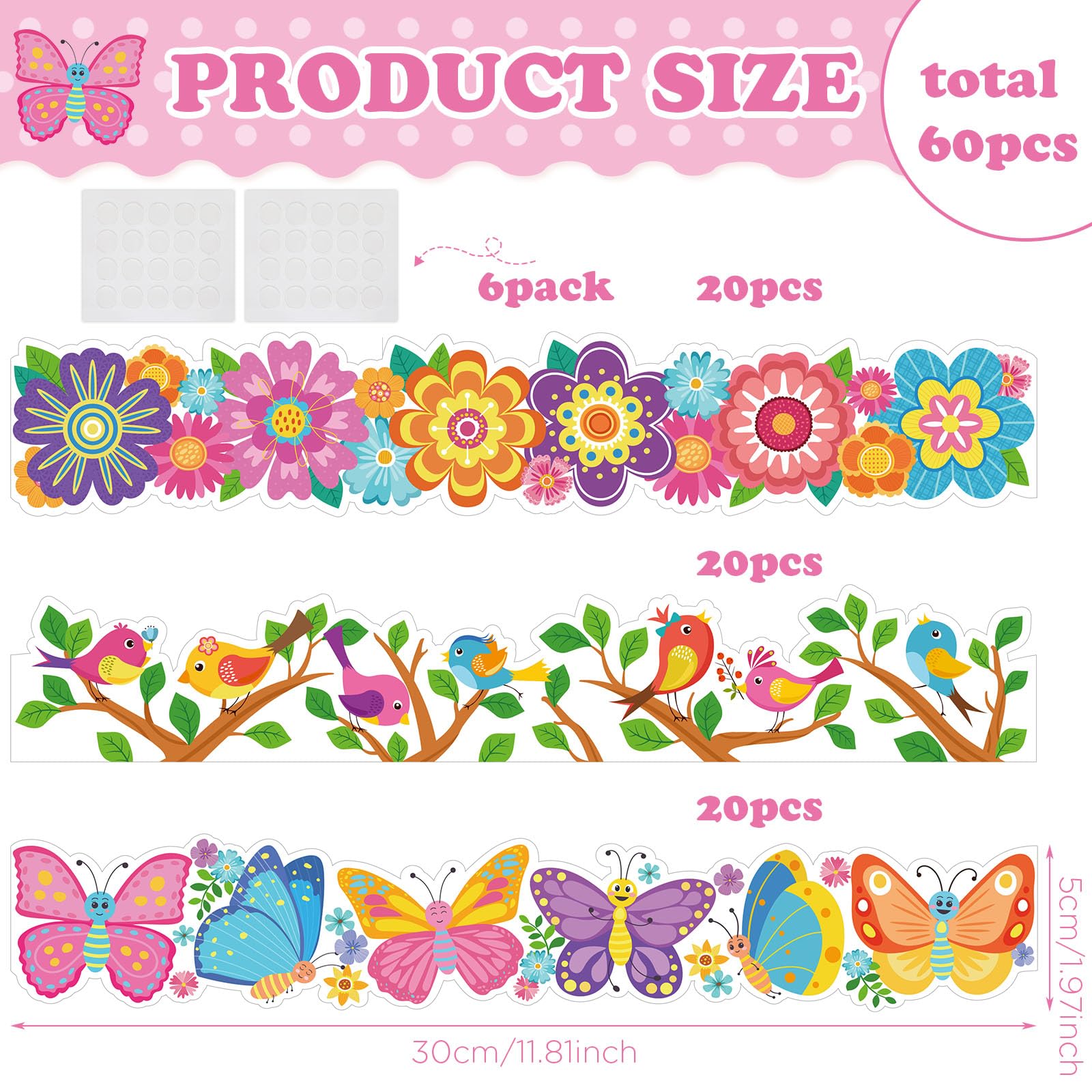 60 Pcs Spring Bulletin Board Borders Flower Butterfly Birds Trims Border