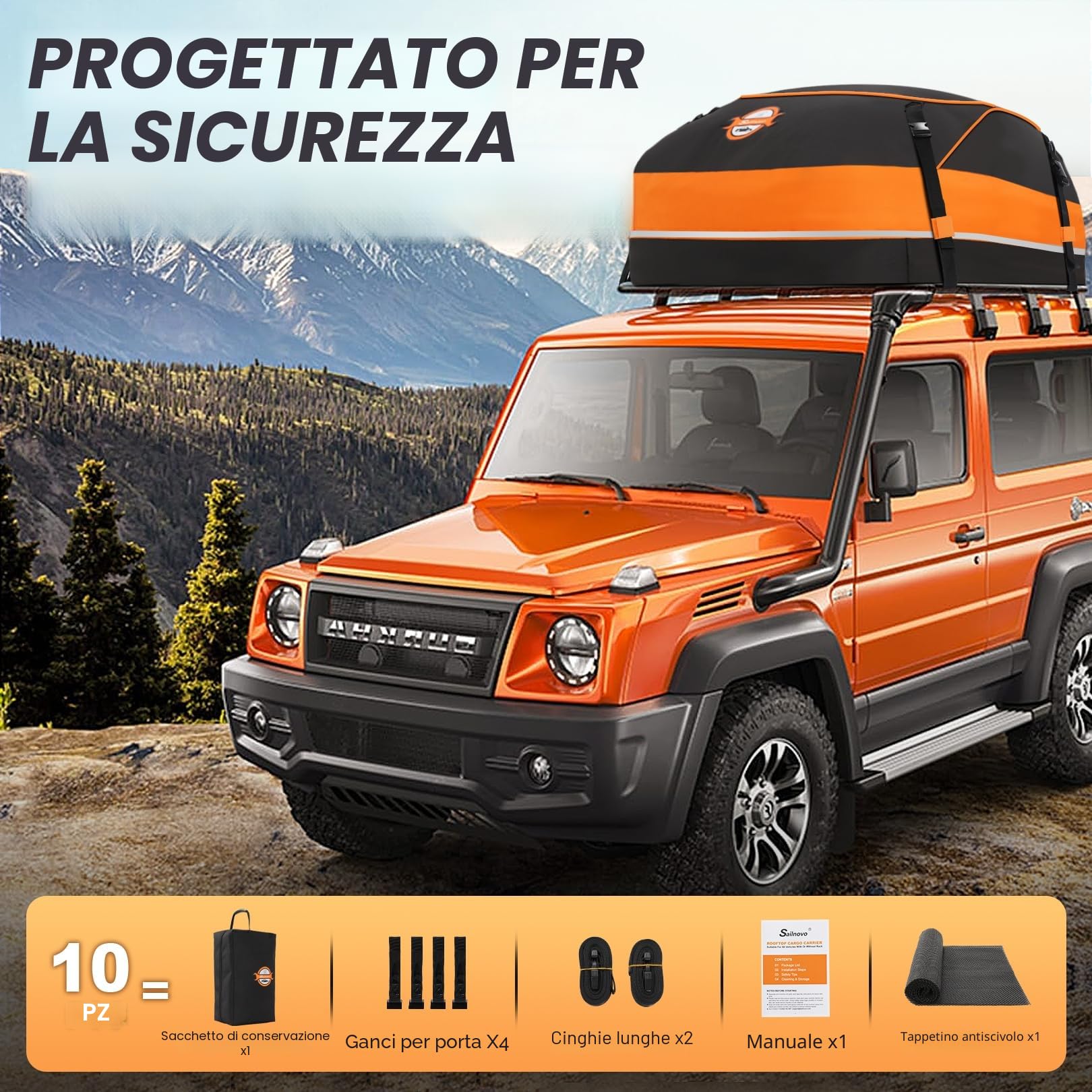 Sailnovo Portapacchi da tetto SoftShell Carrier – 15Cubic/430L impermeabile, tappetino antiscivolo, 4 ganci per porta, borsa portaoggetti per tettuccio auto