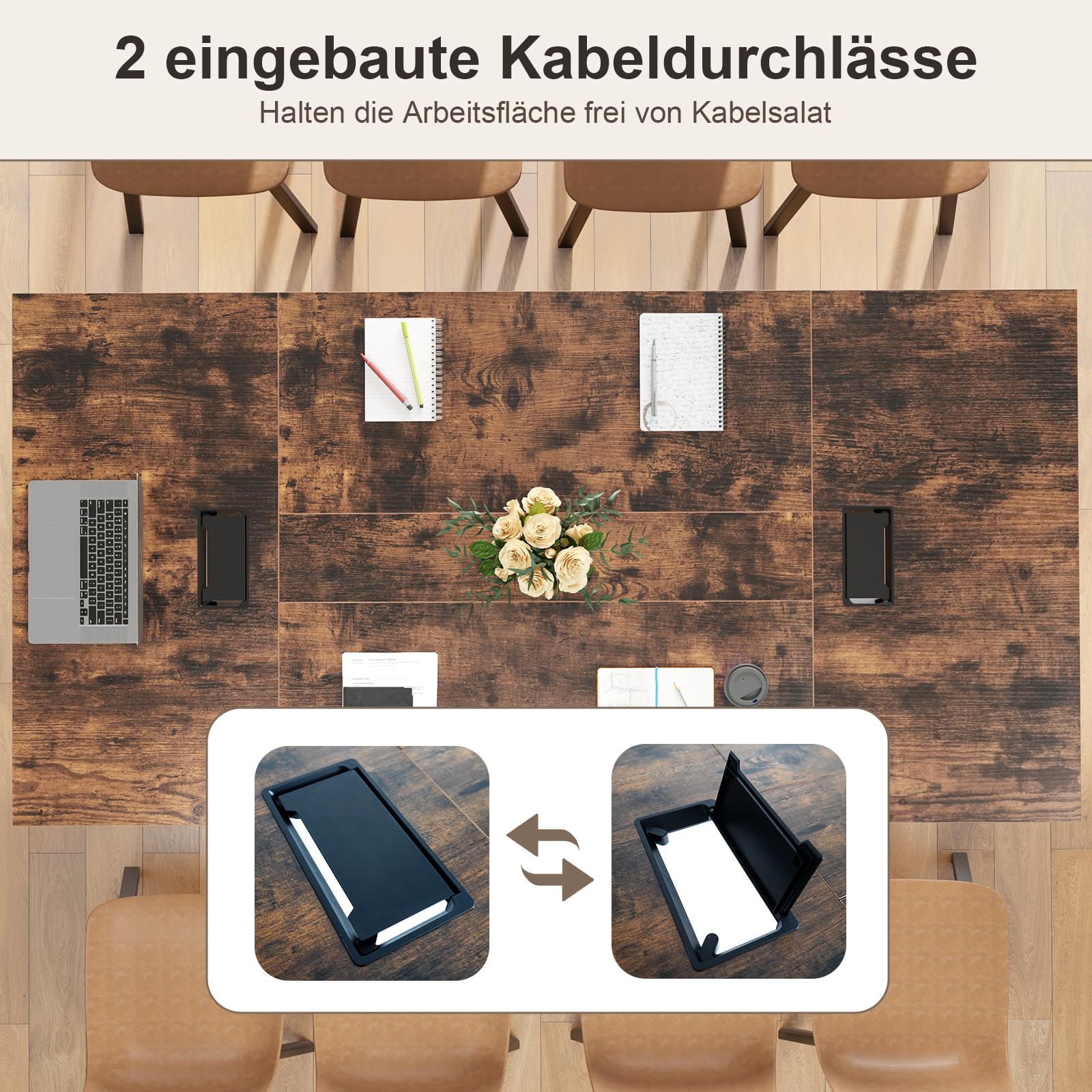 GYMAX Konferenztisch 240 x 120 cm, Bürotisch für 8-10 Personen, Langer Arbeitstisch mit robustem Metallrahmen & 2 Kabeldurchführungen, Computertisch Esstisch für Home, Konferenzraum