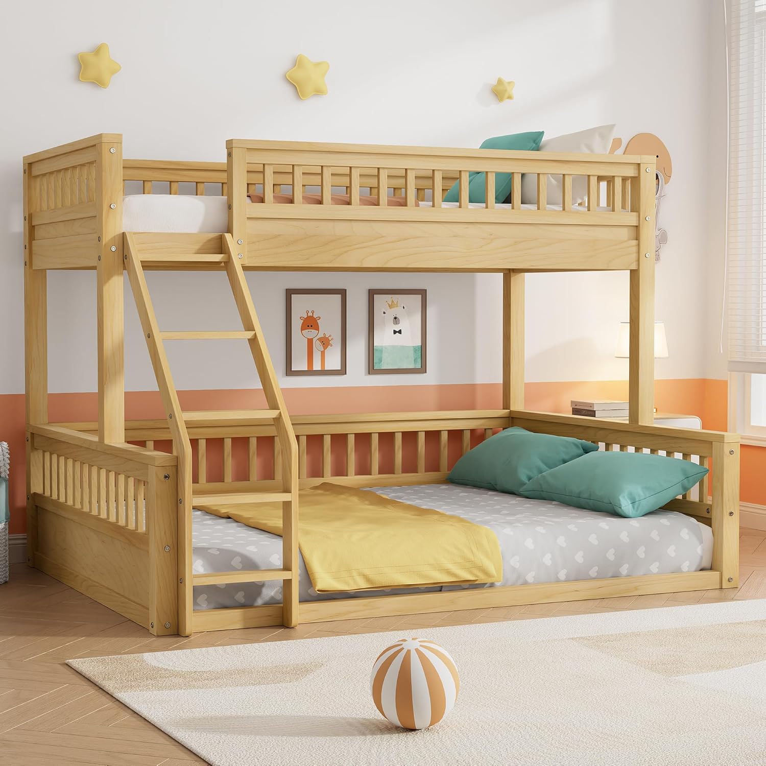 Twin XL Over Queen Bunk Bed with Ladder for Kids Bedroom,Wood Bed Frame with Guardrails,Large Space Under Bed,Space Saving Design & No Box Spring Needed,Natural