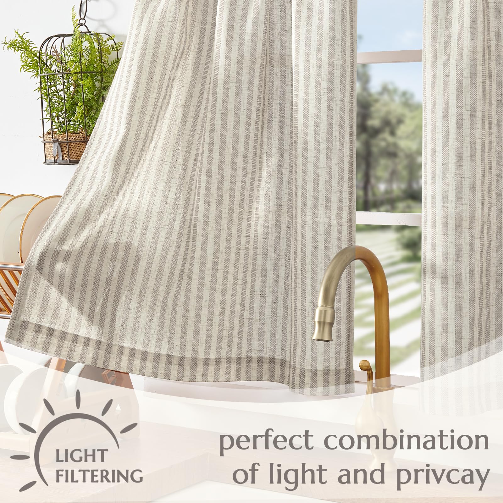 TOPICK Grey Striped Linen Look Kitchen Curtains 30 Inch Drop, Rod Pocket Cafe Curtains - Image 4