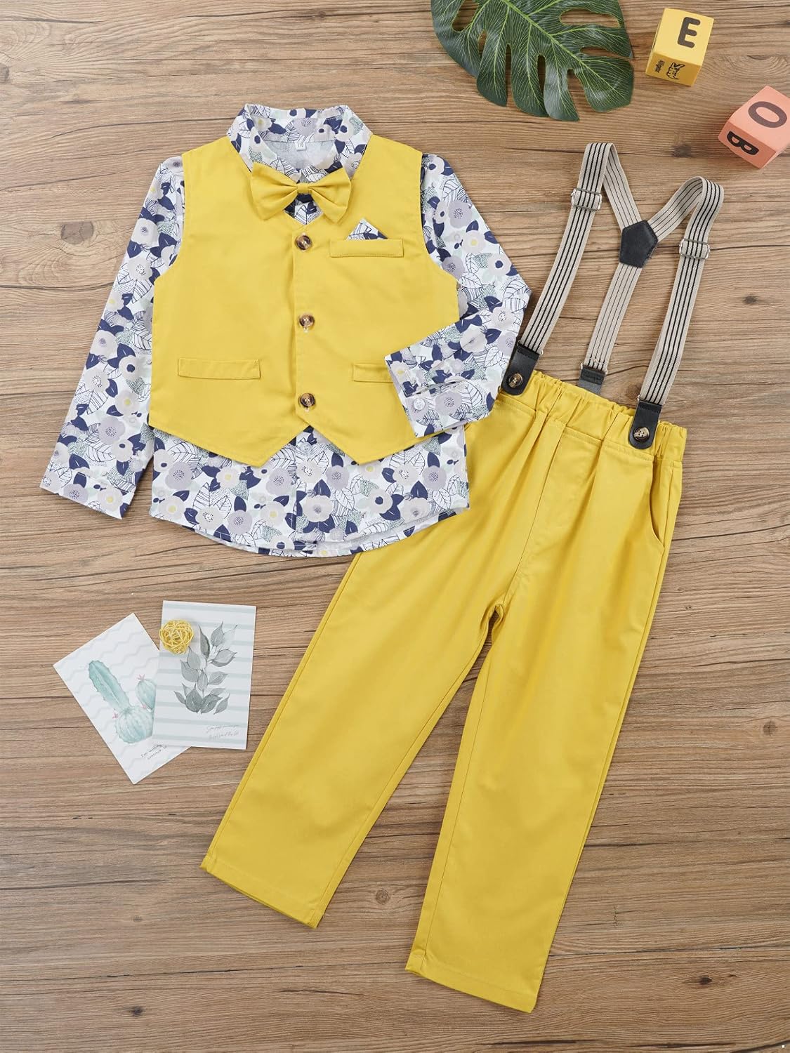Jelory Baby Toddler Boy Formal Gentleman Suits Floral Print Tuxedo Shirt +Vest+Bowtie+Suspender Pants Dressy Outfit