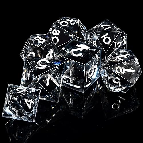 Miniatura 16 de AUSTOR Juego de dados DND de resina de núcleo líquido, de borde afilado, 7 troqueles, juego de dados DND de arena movediza hechos a mano