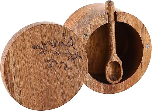 Miniatura 6 de DGYLL Juego de caja de sal de madera de acacia, sin cuchara. Sal, cuencos de sal y pimienta con tapa giratoria, recipiente de sal con tapa, 6 onzas