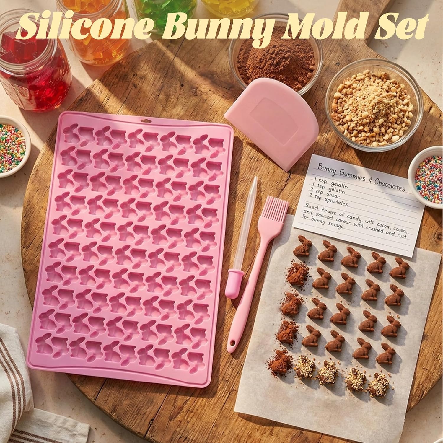 Silicone Bunny Mold Set, Easter Rabbit Gummy Mold with Dropper, Scraper, and Basting Brush - 100 Cavity Silicone Molds BPA-Free for Baking Candy Making