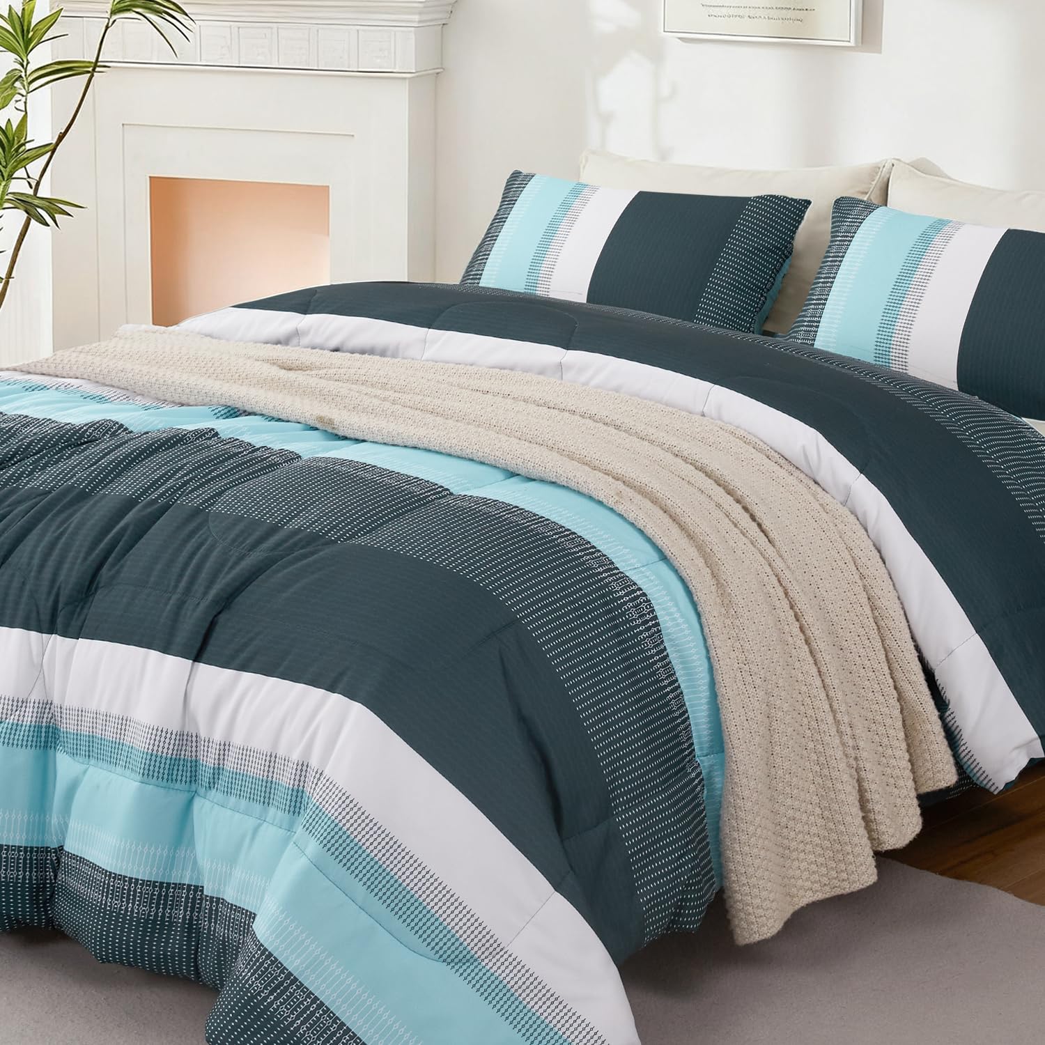 PERFEMET Full Size Green Stripe Patchwork Comforter Set 3 Pieces Bedding Set All Seasons Masculine Bedding for Men Teen Boys Elegant Bedroom Decor