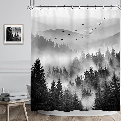 Miniatura 2 de Riyidecor Cortina de ducha brumosa, 60 pulgadas de ancho x 72 pulgadas de alto, paisaje rústico de montaña brumosa, paisaje de parque nacional,