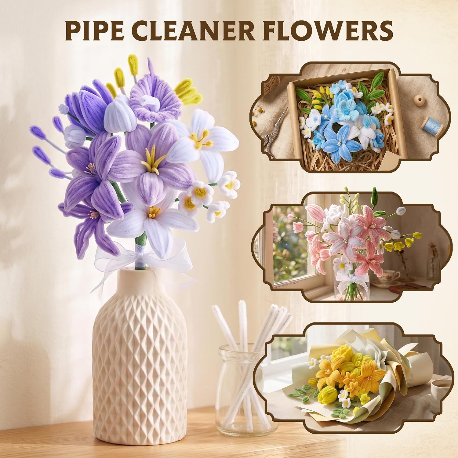 LENYNAL 500 Pcs Pipe Cleaners Bulk Craft, 10 Colors Pastel Pipe Cleaner Flower Kit, Glue-Free & Safe for Kids, Step-by-Step Tutorial, Chenille Stems for Flower Making