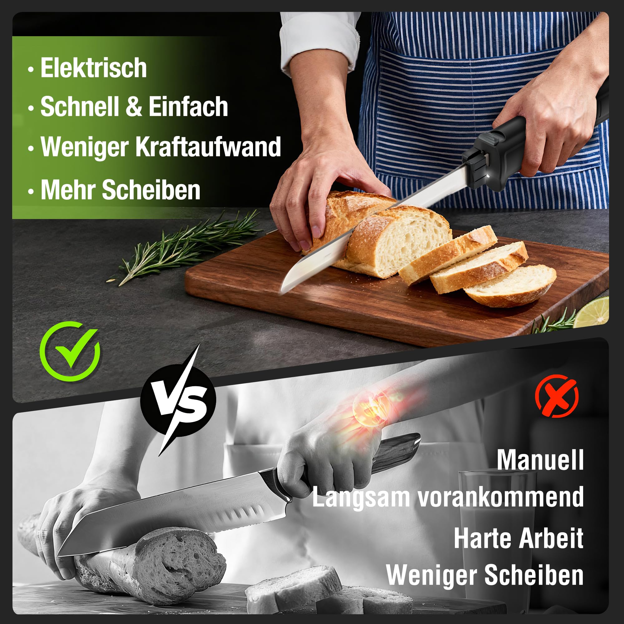 WORKPRO Elektromesser 8V, Kabelloses Küchenmesser mit 2 Edelstahlklingen, 2000 mAh Akku, Schwarz