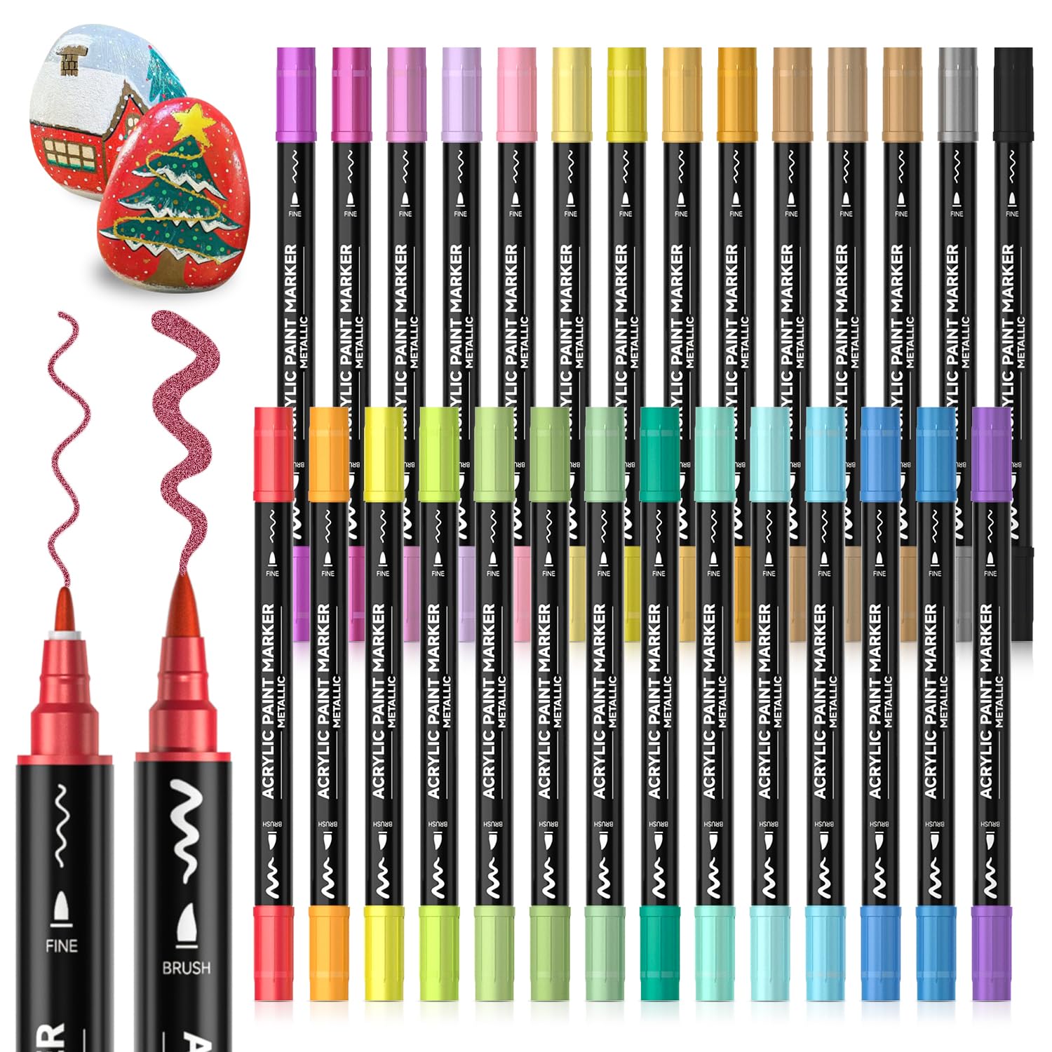 Shuttle Art Dual Tip Metallic Acrylic Paint Pens, 28 Colours Fine & Brush Paint Marker Pens, Paint Pens for Rock Painting, Ceramic, Wood, Fabric, Art Marker Pen Set for Adults on Christmas Easter