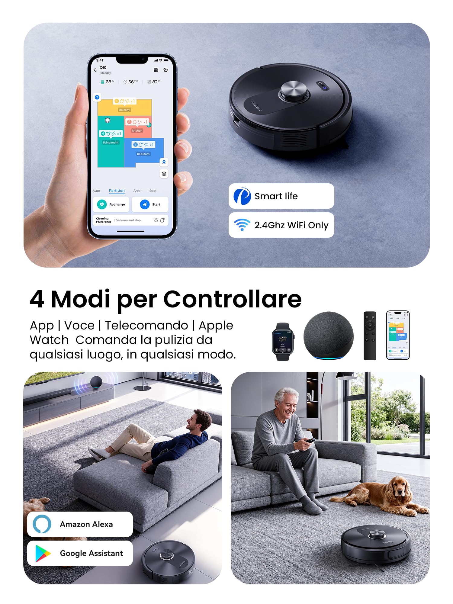 Proscenic Q10 Robot Aspirapolvere Lavapavimenti con Mappatura, Robot Pavimenti 8000Pa 200min, LiDAR Intelligente, Controllo APP/Alexa/WiFi/Siri/IFTTT, Ideale per Pulizia Domestica/Peli Animali