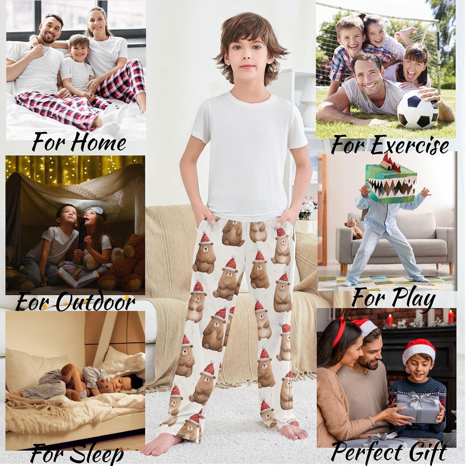 visesunny Boys' Pants Cartoon Bears in Christmas Clothes Jogger Pants Elastic Waist Long Bottoms Trousers with Pockets S-XL