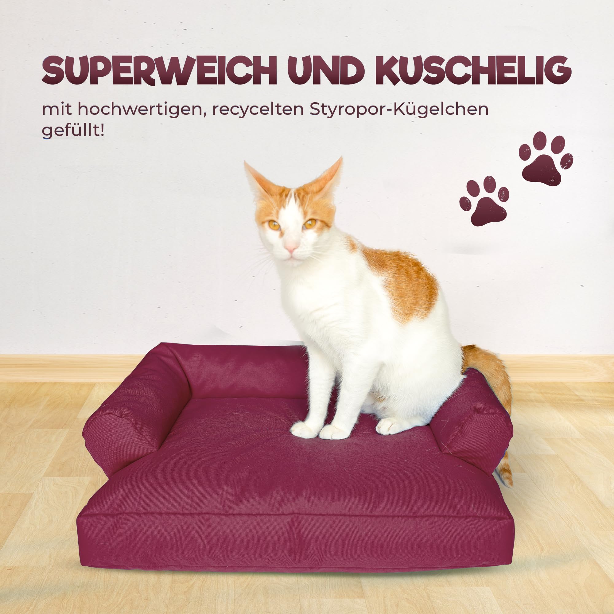 PATCH HOME Katzenbett – Oeko-TEX Zertifiziert – Katzenmöbel – mit recyceltem Styropor gefüllt – Katzensofa – Made in Germany – 50x40x15 cm – Weinrot