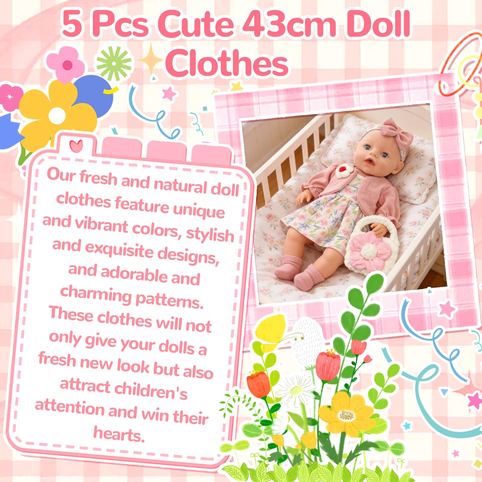 6 sztuk ubranek dla lalek 35-43 cm, słodkie, świeże ubranka dla niemowląt, lalki dla dzieci o długości 35-17 cali, z sukienką, płaszczem, opaską na czoło, torebką, wieszakiem, skarpetkami, ubraniami
