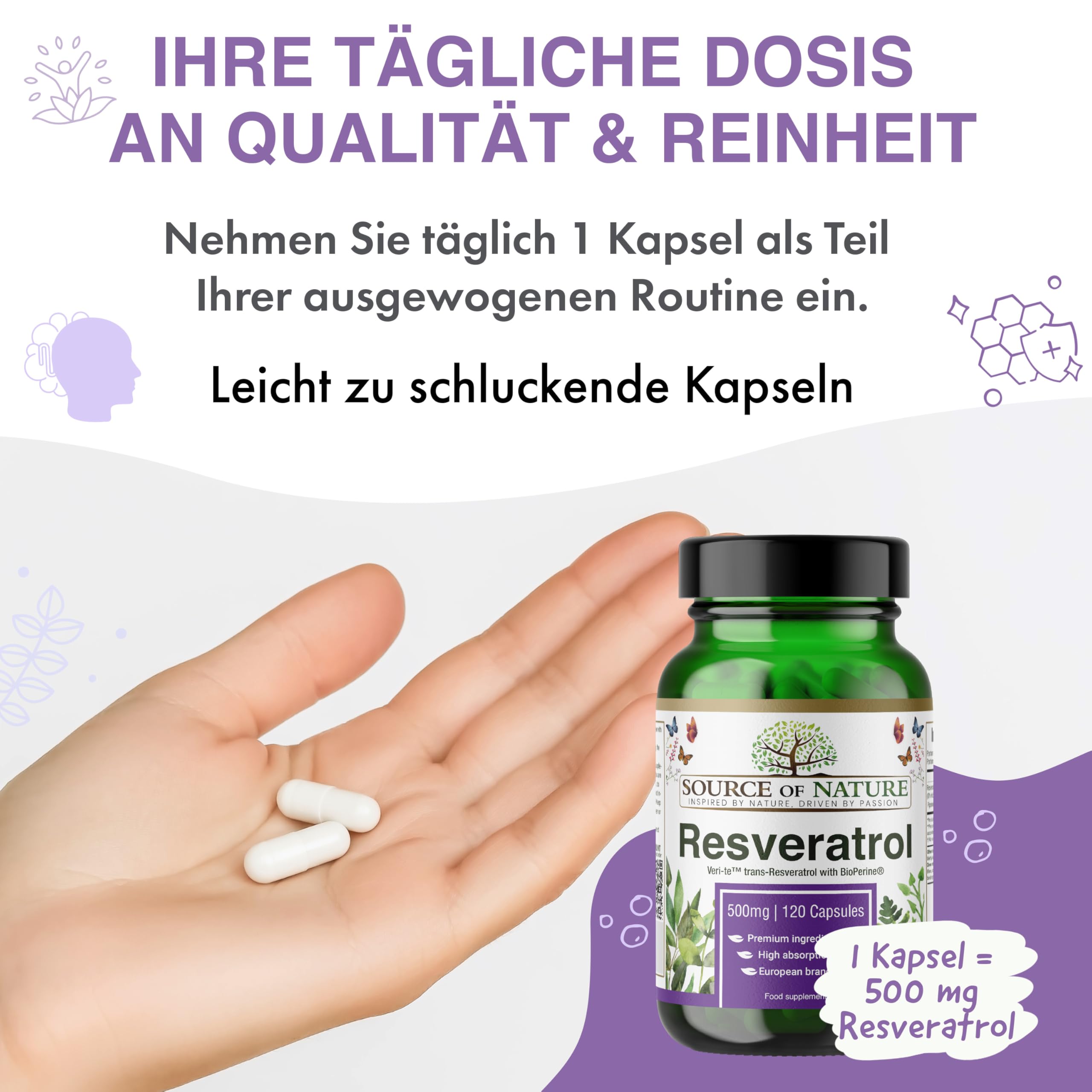 Trans-Resveratrol 500 mg | 120 vegane Kapseln | Hochdosiert | 98 % Reinheit | Natürlich fermentiert | Mit Piperin | Laborgeprüft | Premium-Qualität