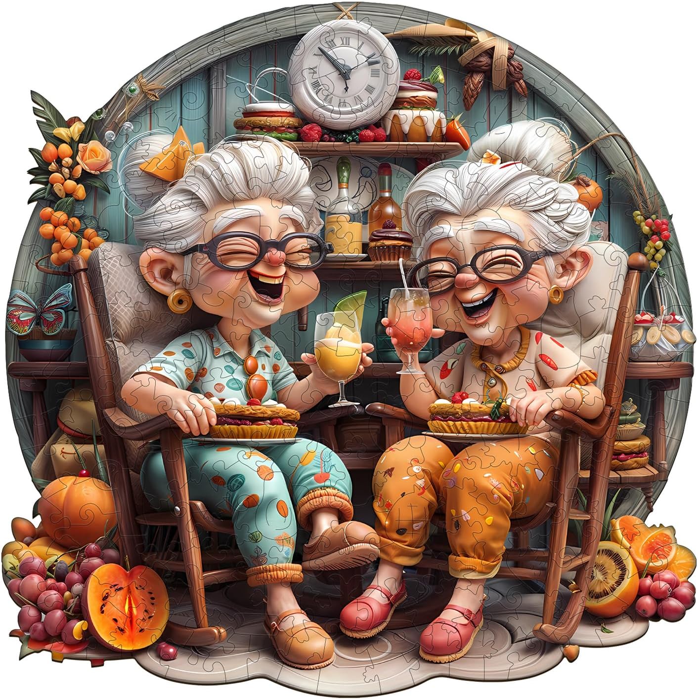 Jigfoxy Wooden Puzzle for Adults, Happy Grandmas Jigsaw Puzzles for Adult, Unique Animal Shape Wood Cut Puzzles, Christmas Thanksgiving Gifts for Friends Family (L-13.4 * 13.4in-300pcs)
