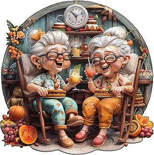 Jigfoxy Wooden Puzzle for Adults, Happy Grandmas Jigsaw Puzzles for Adult, Unique Animal Shape Wood Cut Puzzles, Christmas Thanksgiving Gifts for Friends Family (S-8.5 * 8.5in-100pcs)