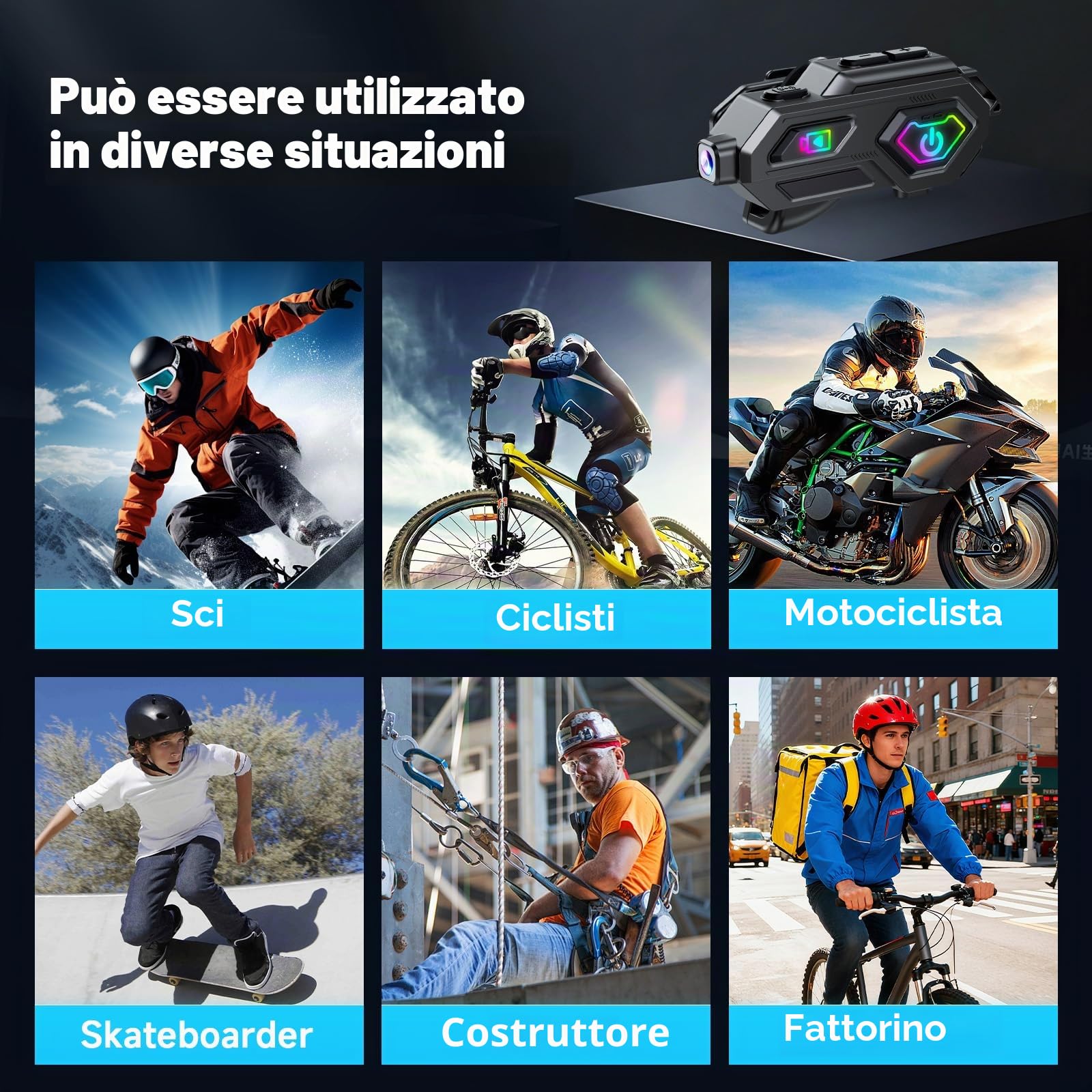 BestYiJo Cuffie Bluetooth per casco da moto con registrazione video HD 1080p, citofono, FM, impermeabilità IPX6 e illuminazione