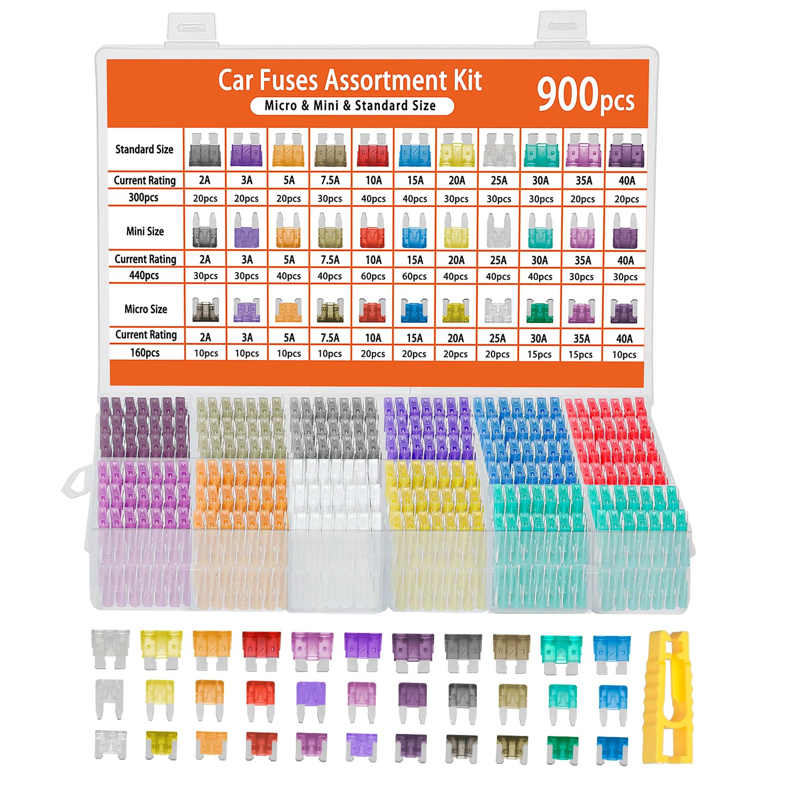 Kit assortito di 900 fusibili per auto, 440 mini fusibili a lama + 300 fusibili standard per autoveicoli + 160 micro + estrattore, essenziali per camper, camion, moto, yacht (2A, 3A, 5A, 7,5A, 10A