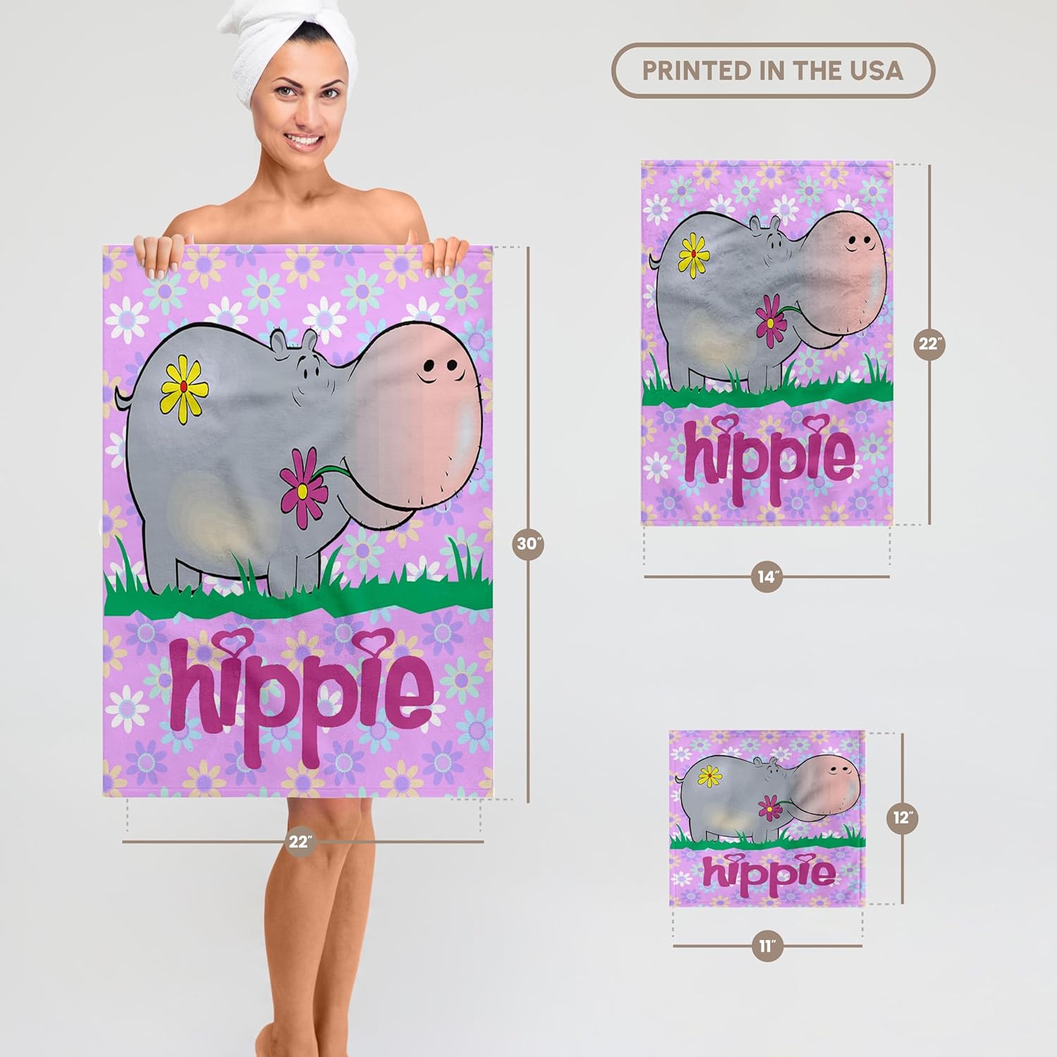 3dRose Cute Hippie Hippo Hippopotamus with Hippie Flowers Background Cartoon Animal 22x30 Bath Hand Pool Towel